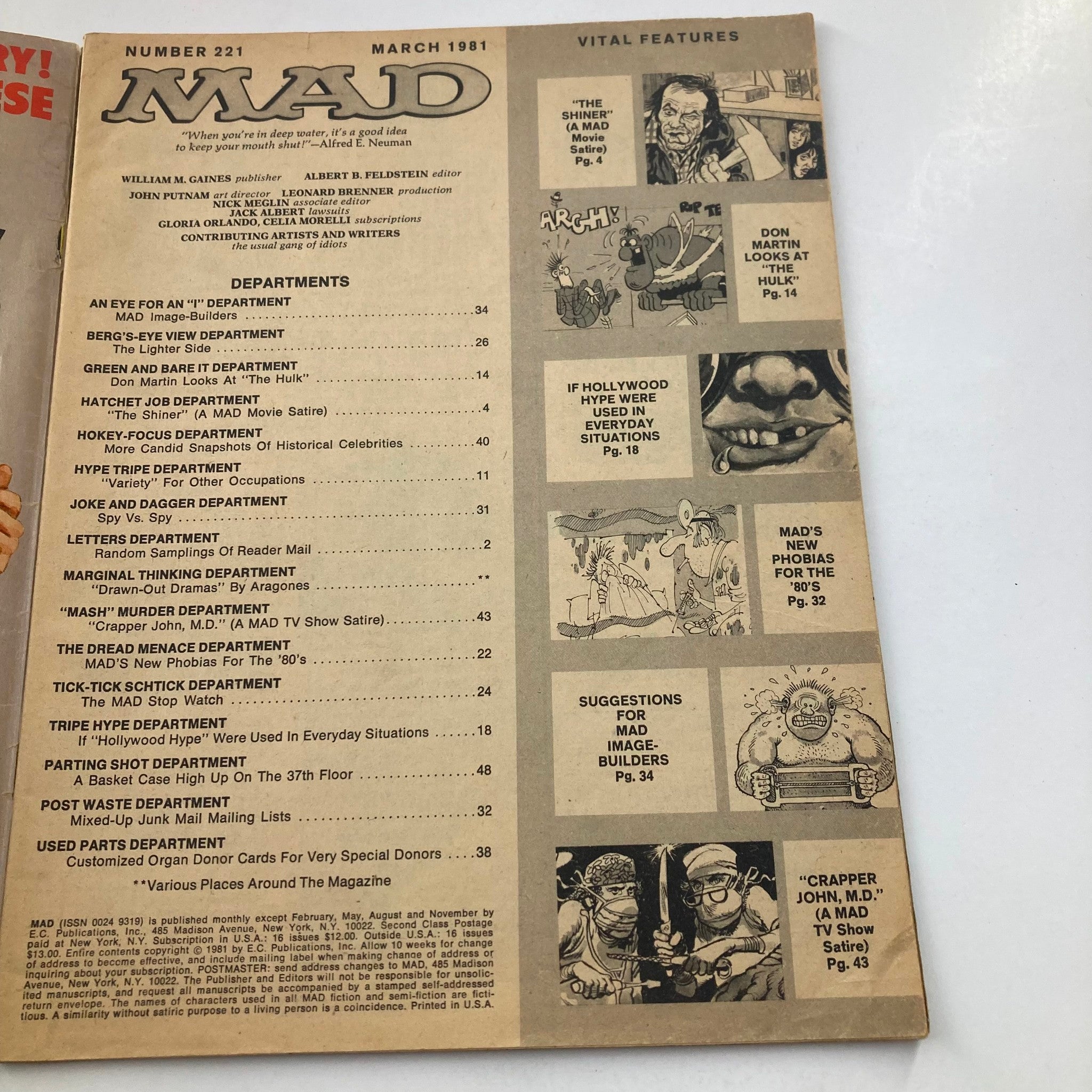 Interior page of Mad Magazine March 1981 No. 221 displaying departments and vital features, showcasing Don Martin's cartoon art and humorous content.