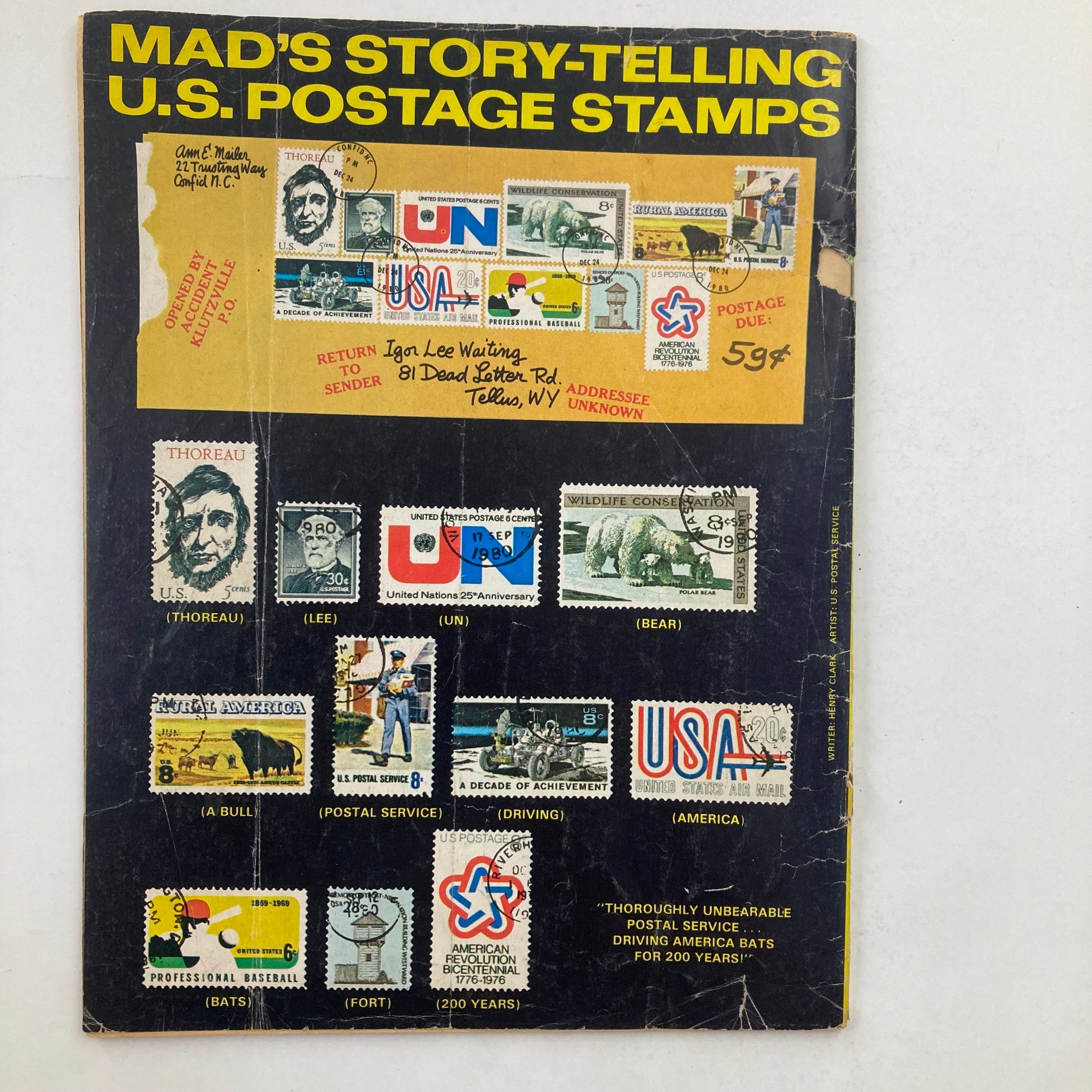 Back cover of Mad Magazine March 1981 No. 221 highlighting Mad's Storytelling U.S. Postage Stamps with various postage stamp designs and vintage graphics.
