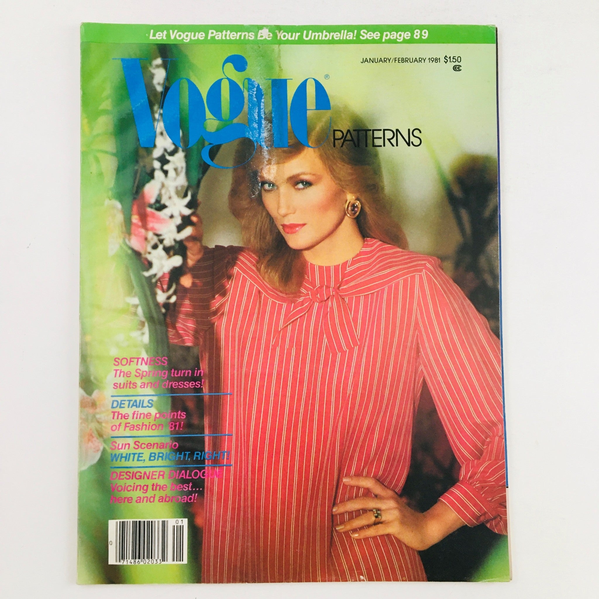 Vogue Patterns Magazine January 1981 cover featuring a model in a striped blouse, emphasizing the theme "The Spring Turn In Suits & Dresses" and showcasing vintage fashion.