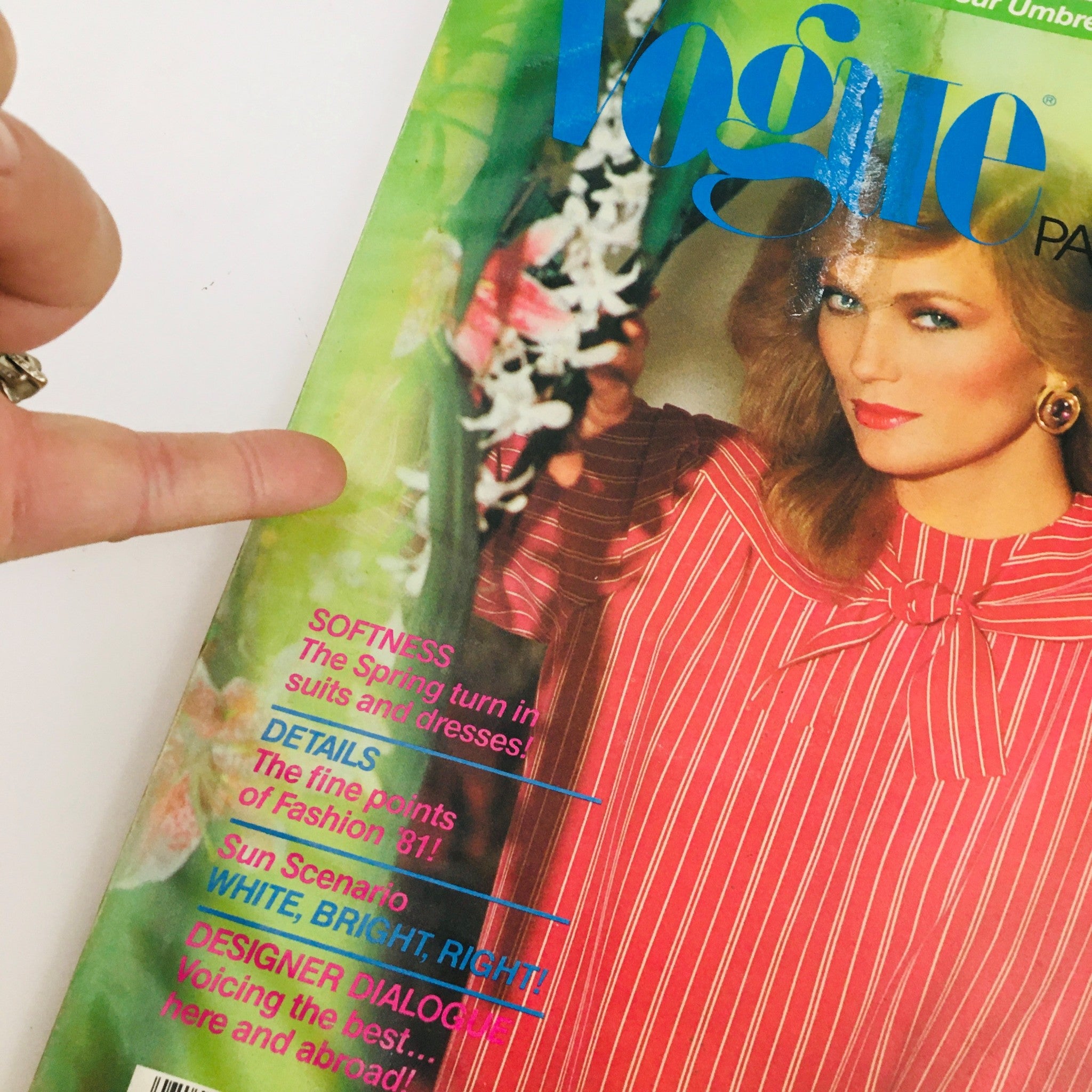 Close-up of the Vogue Patterns Magazine January 1981 cover with details highlighting offers such as "Softness: The Spring Turn In Suits & Dresses" and designer insights.