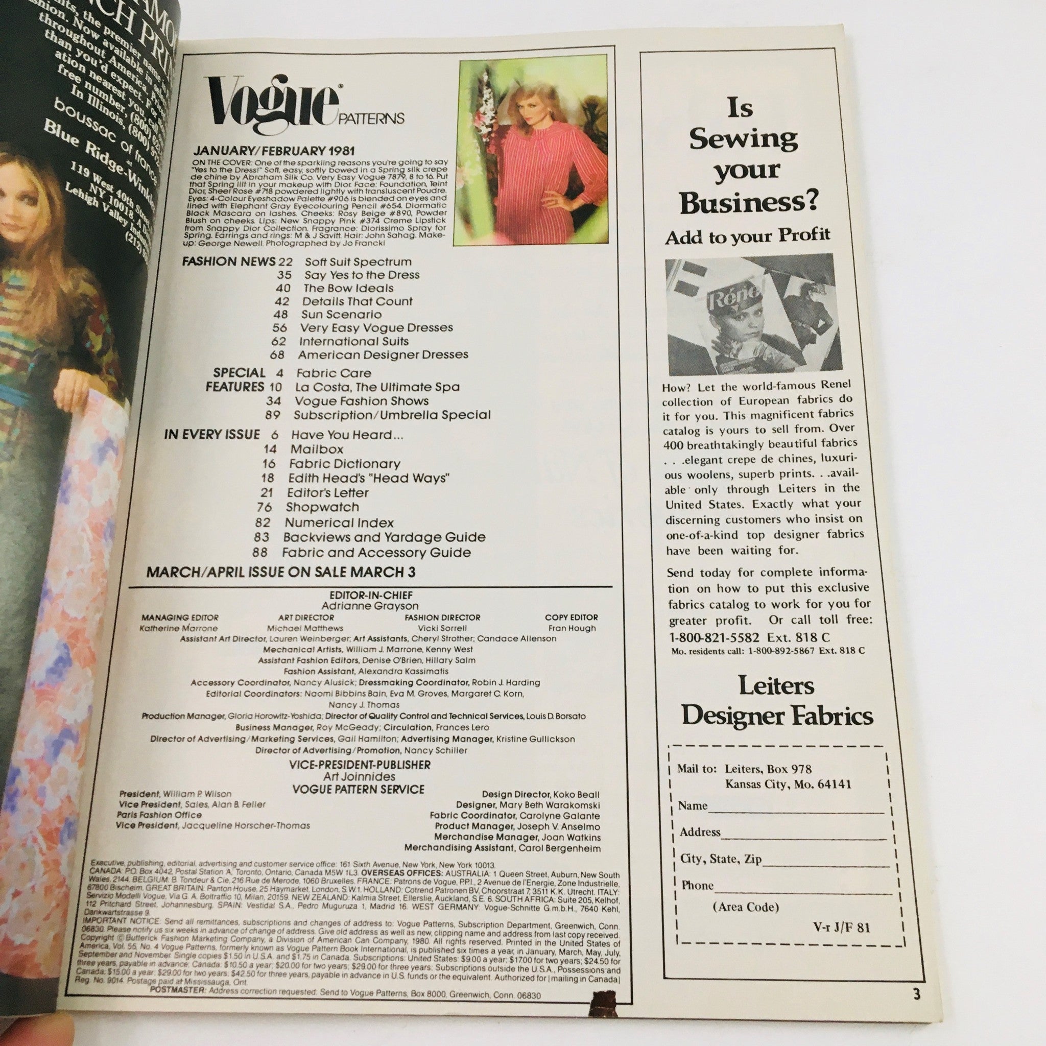 Inside page of Vogue Patterns Magazine January 1981 displaying the table of contents and special features, capturing the essence of early '80s fashion.