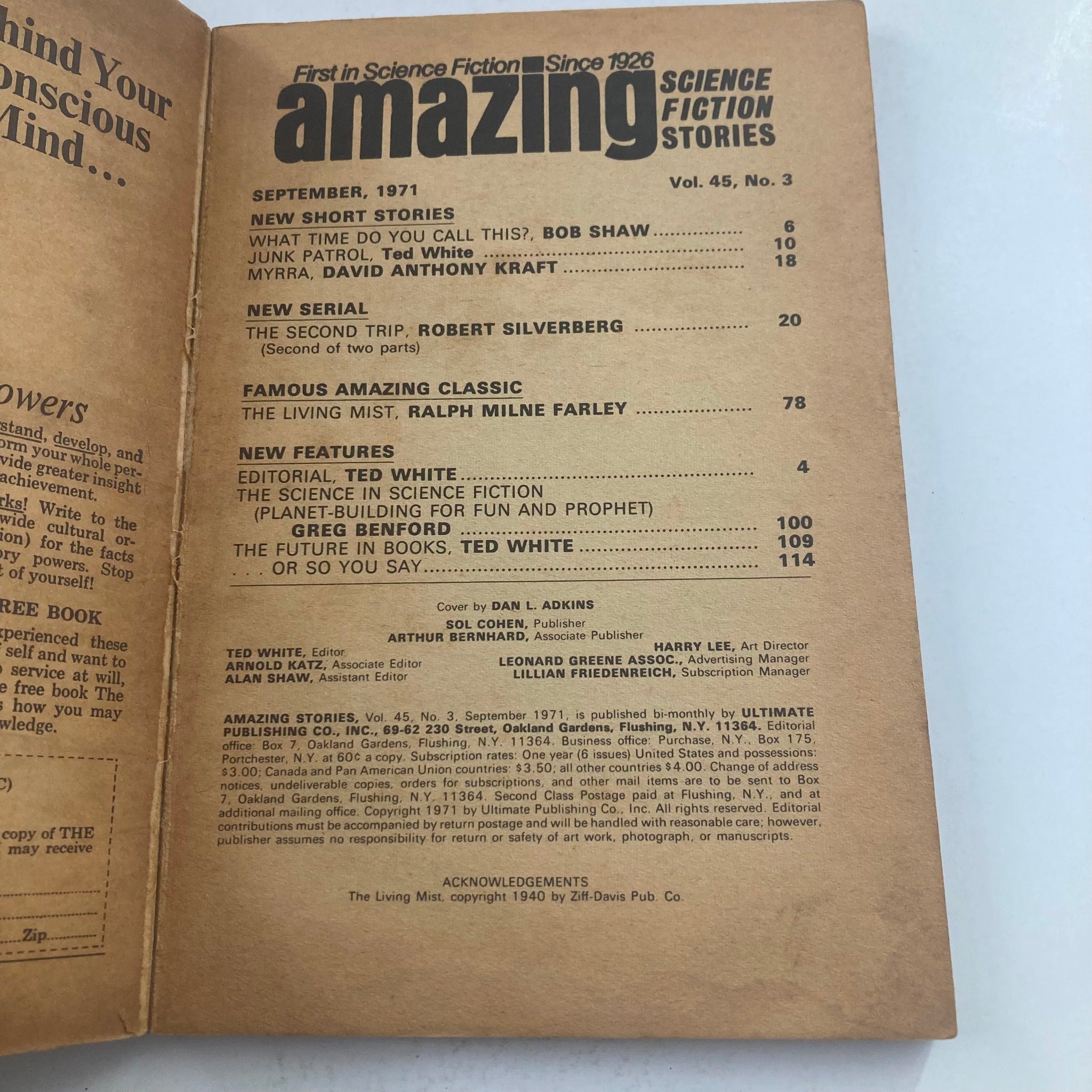 Interior page of the Amazing Science Fiction Stories magazine from September 1971, showcasing the table of contents including stories like 'Junk Patrol' by Ted White, and an editorial by Ted White.
