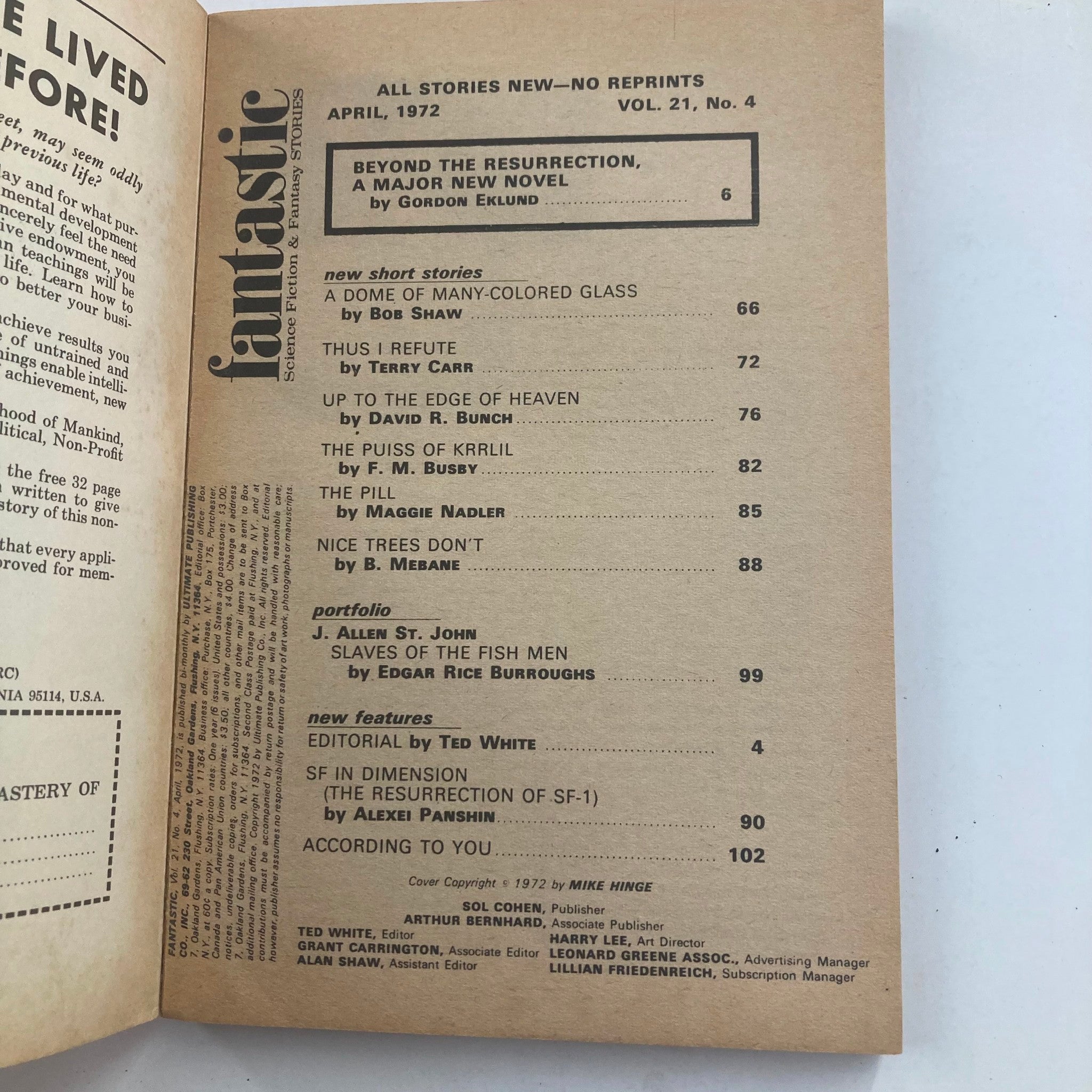 Interior page of Fantastic Magazine April 1972 Vol 21 No. 4 displaying the contents, including stories like Beyond the Resurrection by Gordon Eklund.