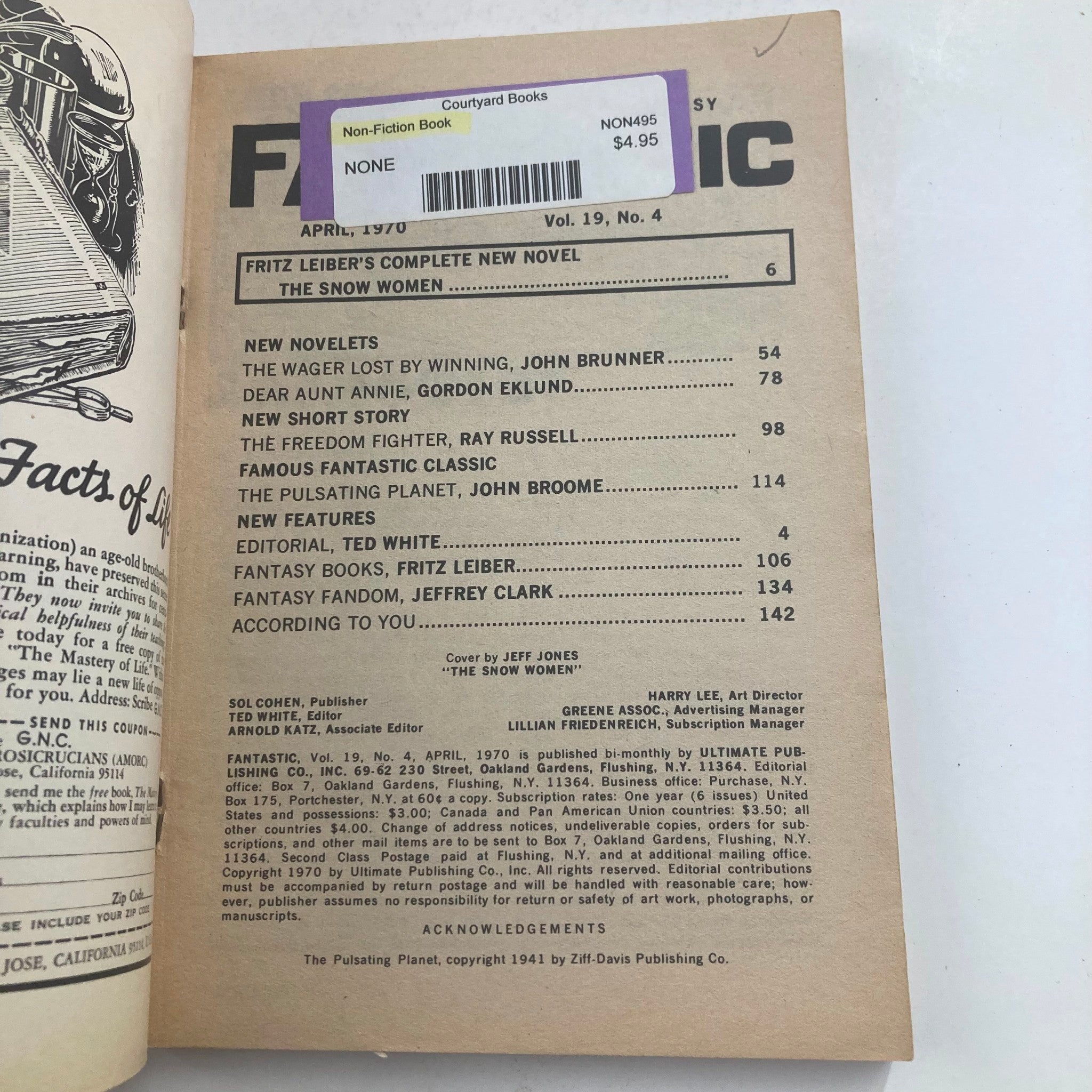 Interior page of Fantastic Magazine April 1970 Vol 19 No. 4 showing the table of contents, including 'The Wager Lost by Winning', and editorial information.