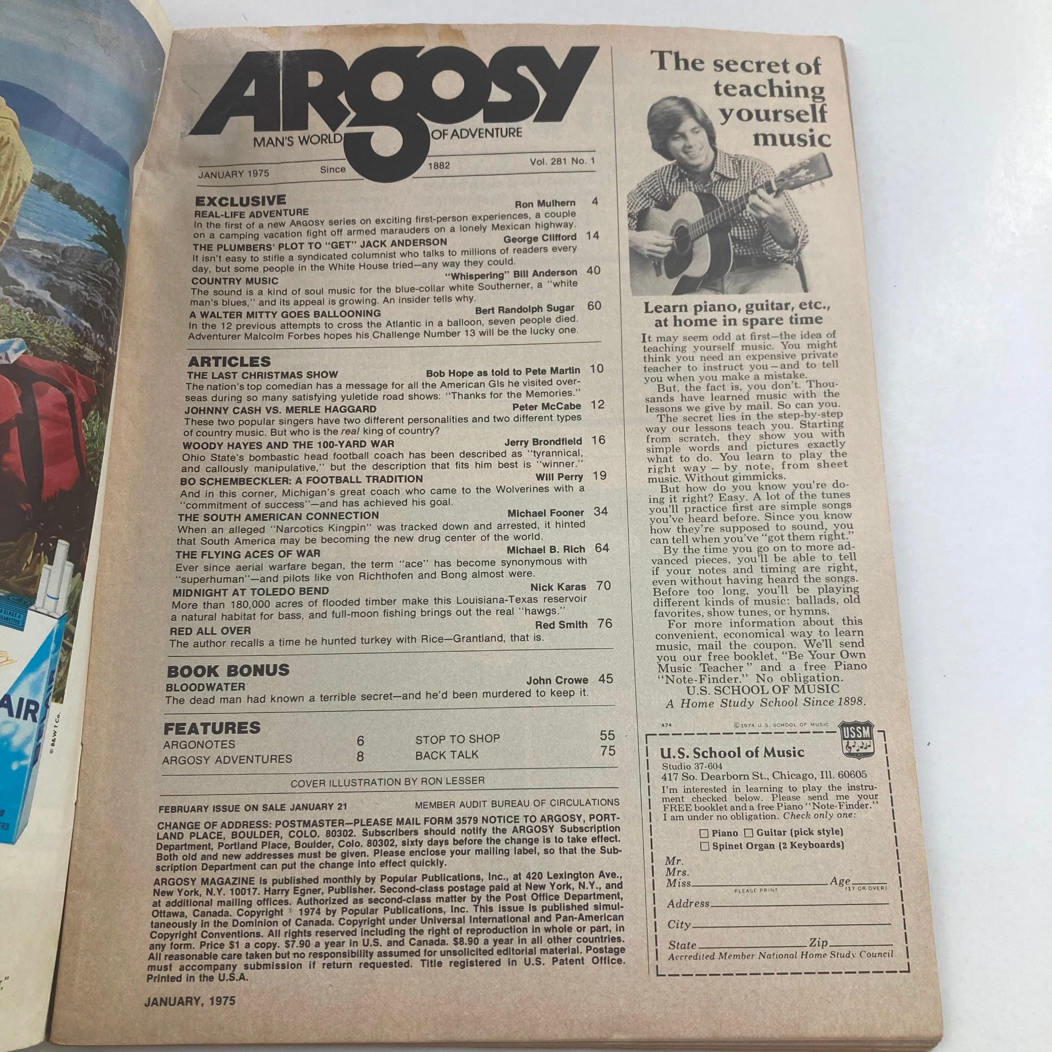 Interior page of VTG Argosy Magazine January 1975 Vol 281 No. 1 featuring articles and content highlights. The page includes a cover story on Bob Hope and various features of pop culture from the 1970s.