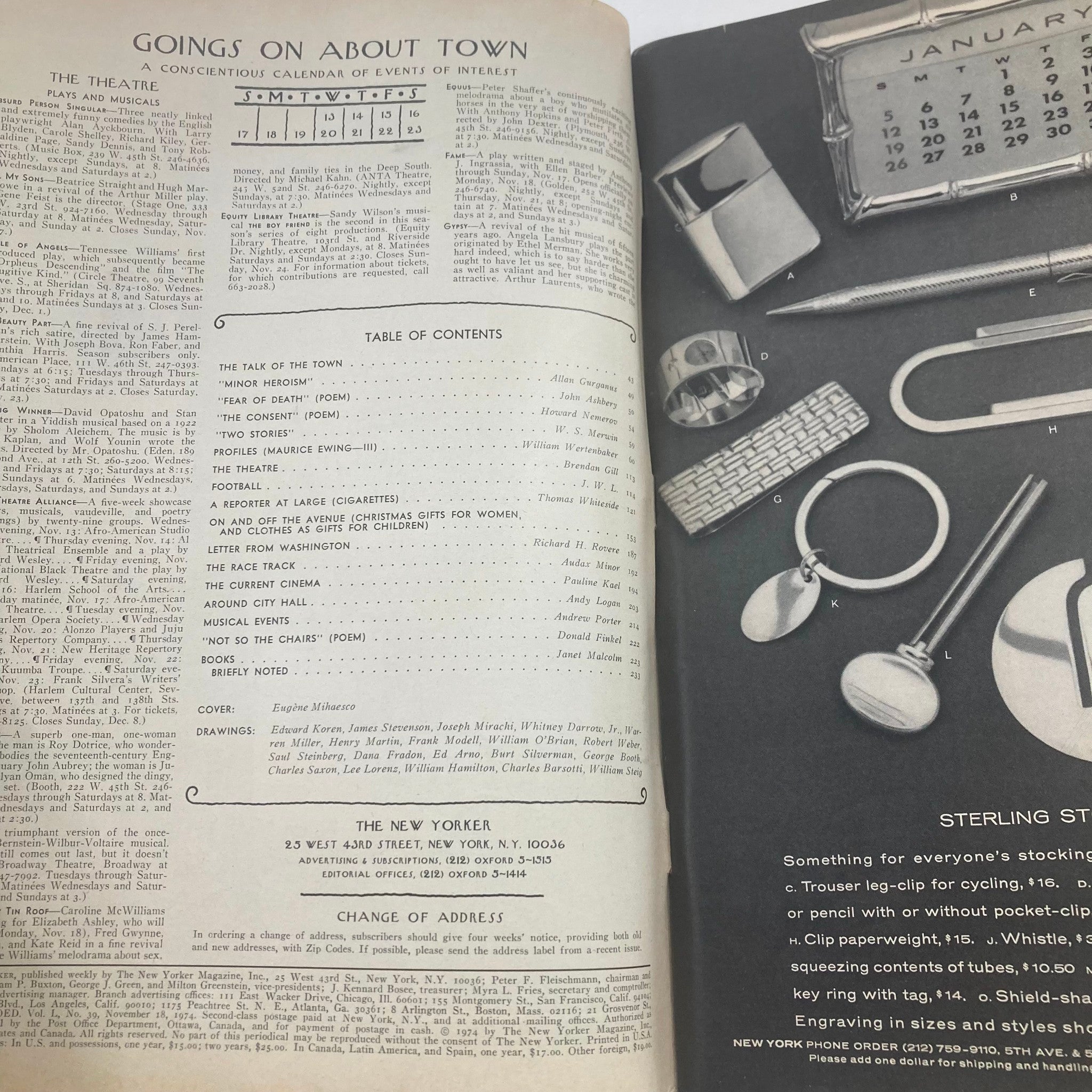 Interior page of The New Yorker Magazine from November 18, 1974, highlighting the table of contents and events in New York, offering a glimpse into the culture of the era.