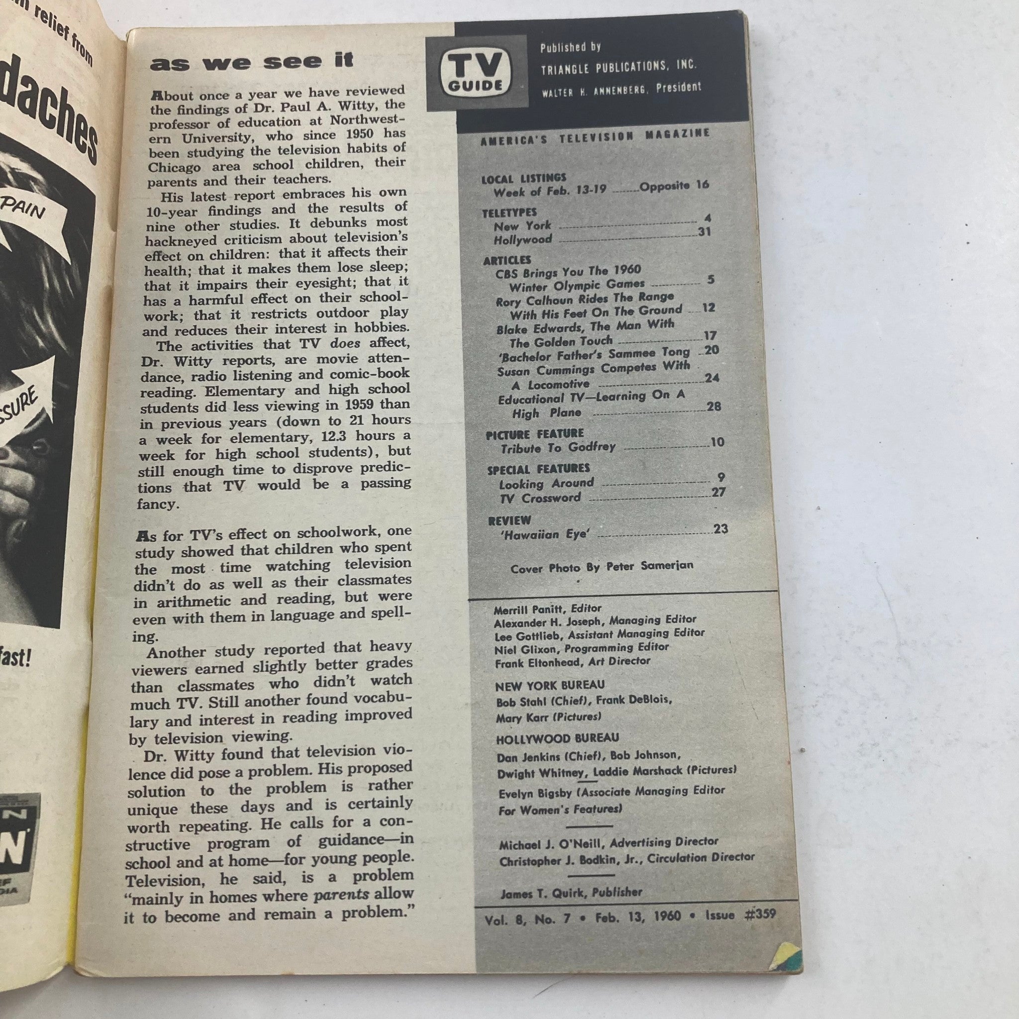 Interior page of TV Guide Magazine from February 13, 1960, issue #359, featuring articles and listings related to the era's television programming.