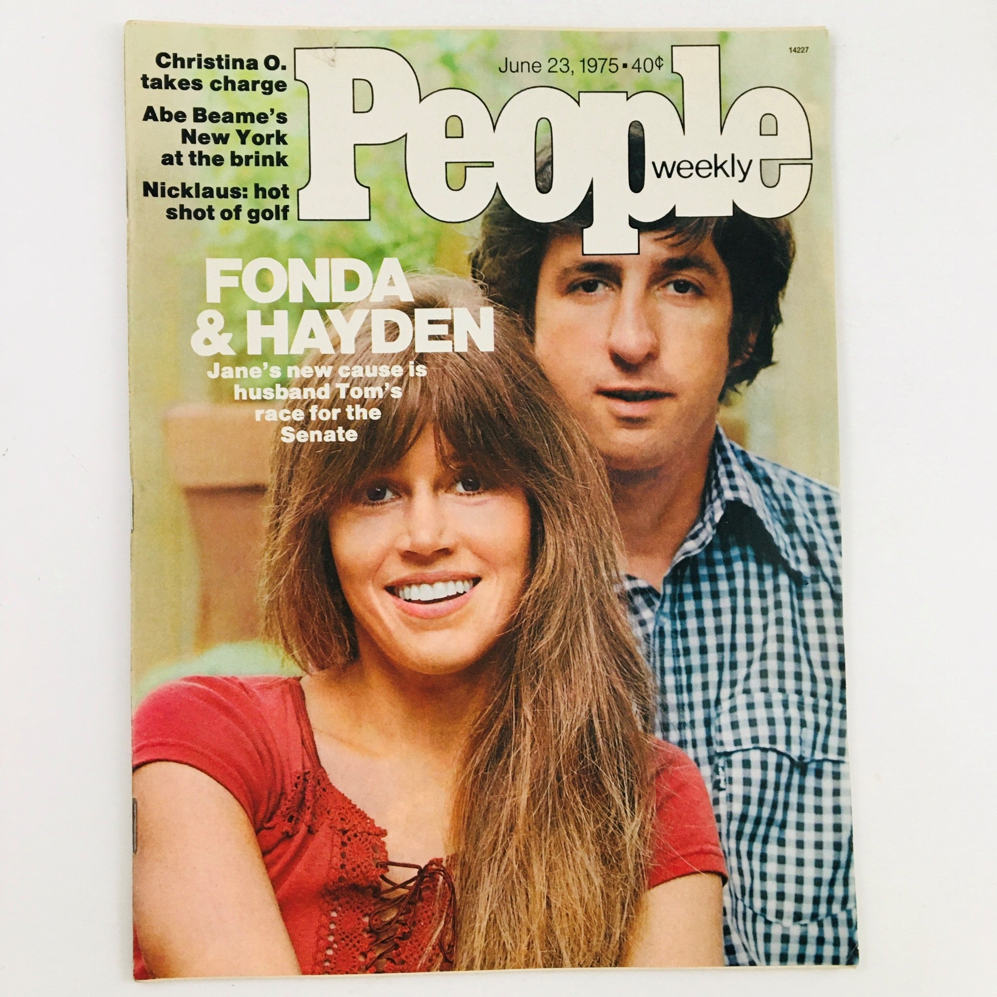 Cover of People Weekly Magazine dated June 23, 1975 featuring Jane Fonda and Tom Hayden. The magazine showcases Fonda's new cause for her husband Tom's Senate race, capturing a snapshot of 1970s culture.