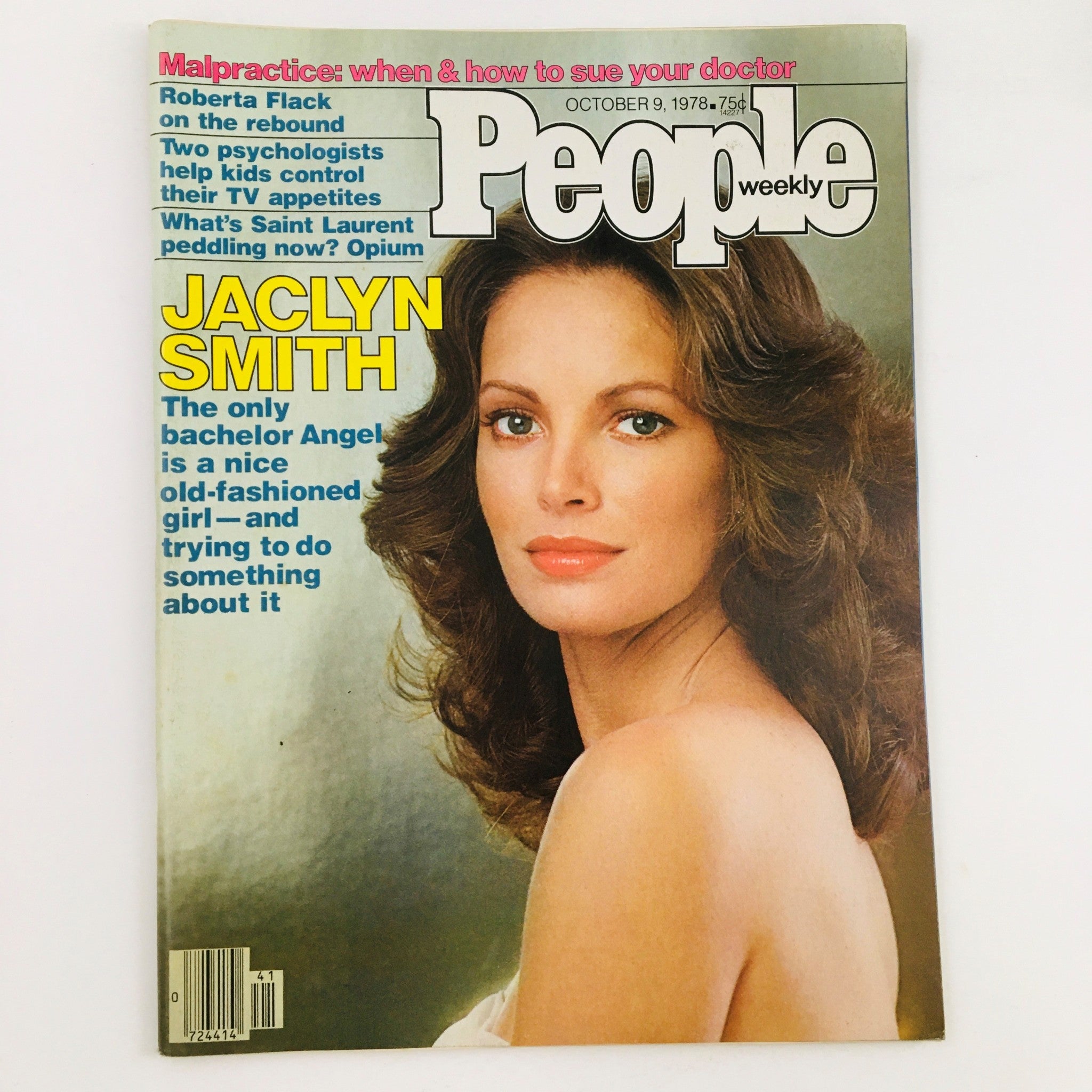 Cover of People Weekly Magazine from October 9, 1978 featuring Jaclyn Smith, the only bachelor Angel from Charlie's Angels, with a beauty shot and headlines detailing her role and personal insights.