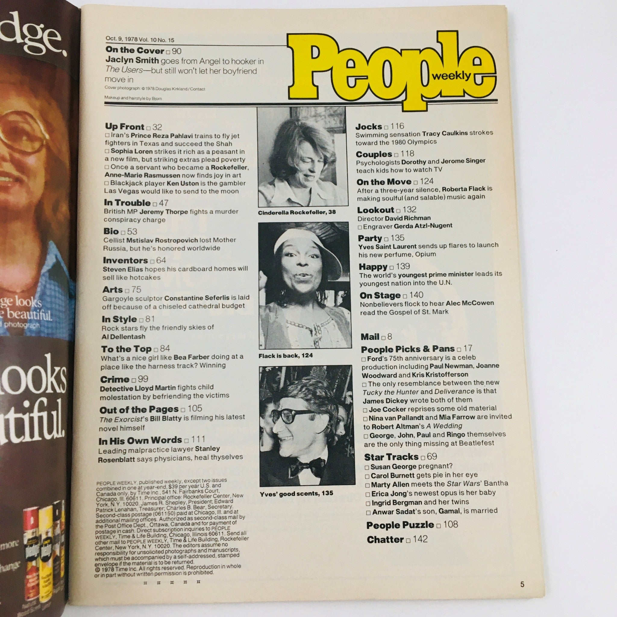 Interior page of People Weekly Magazine from October 9, 1978, showcasing the table of contents with articles on various topics including Jaclyn Smith and other notable figures from that era.