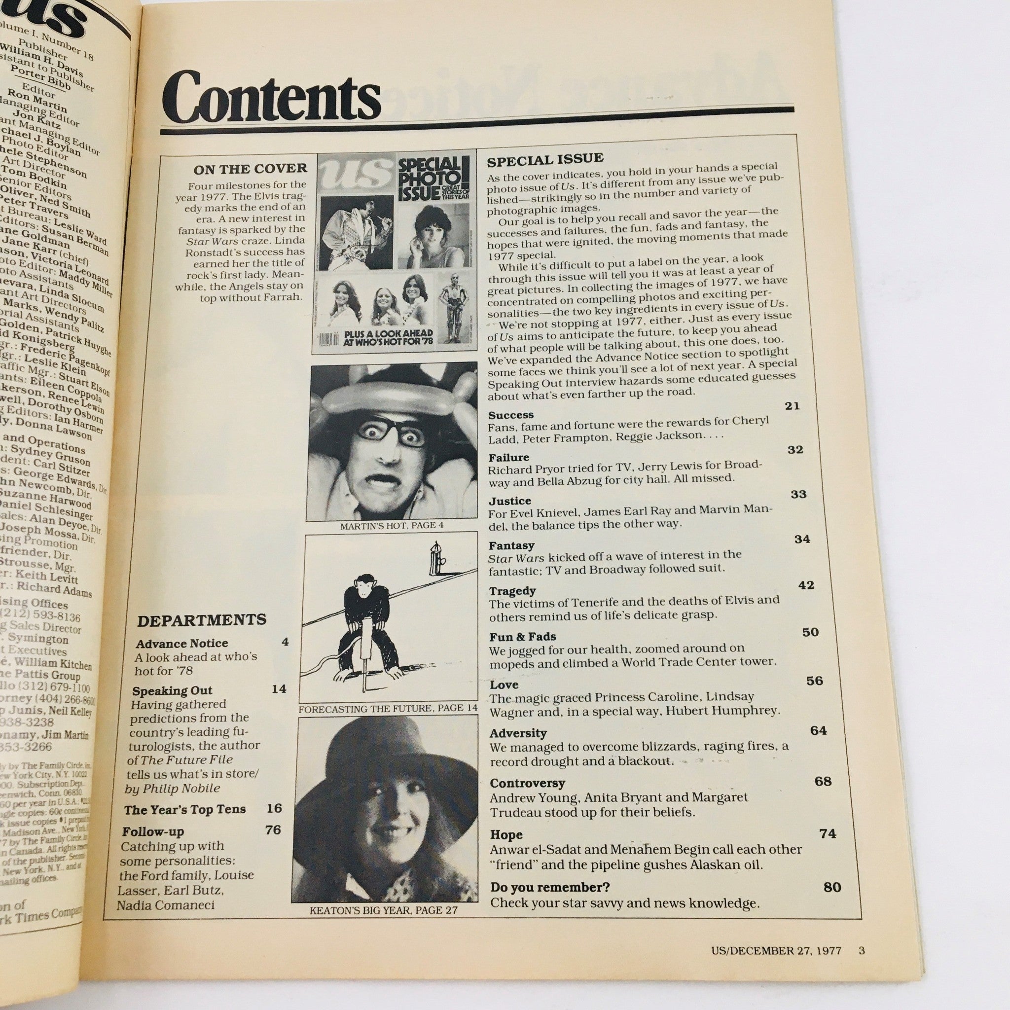 Contents page of US Magazine December 27, 1977, detailing featured articles and stories including a special issue reflection on significant events and personalities from that year.
