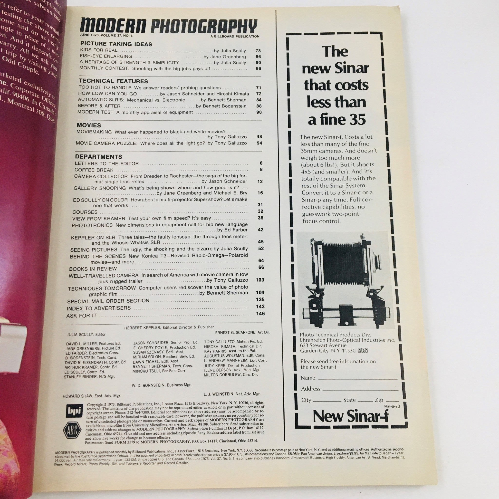Inside page of Modern Photography Magazine June 1973 displaying the table of contents including articles on technical features, picture-taking ideas, and a section on movies, highlighting the vintage photography topics discussed in this issue.
