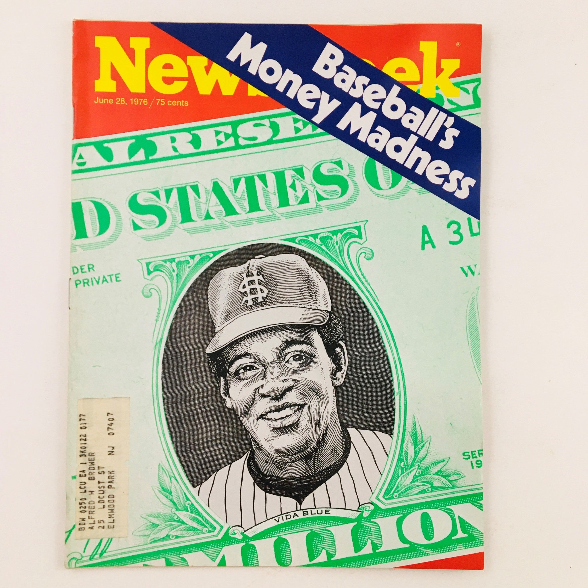 Cover of Newsweek Magazine from June 28, 1976, featuring Vida Blue and the headline 'Baseball's Money Madness', showcasing a vintage baseball theme.