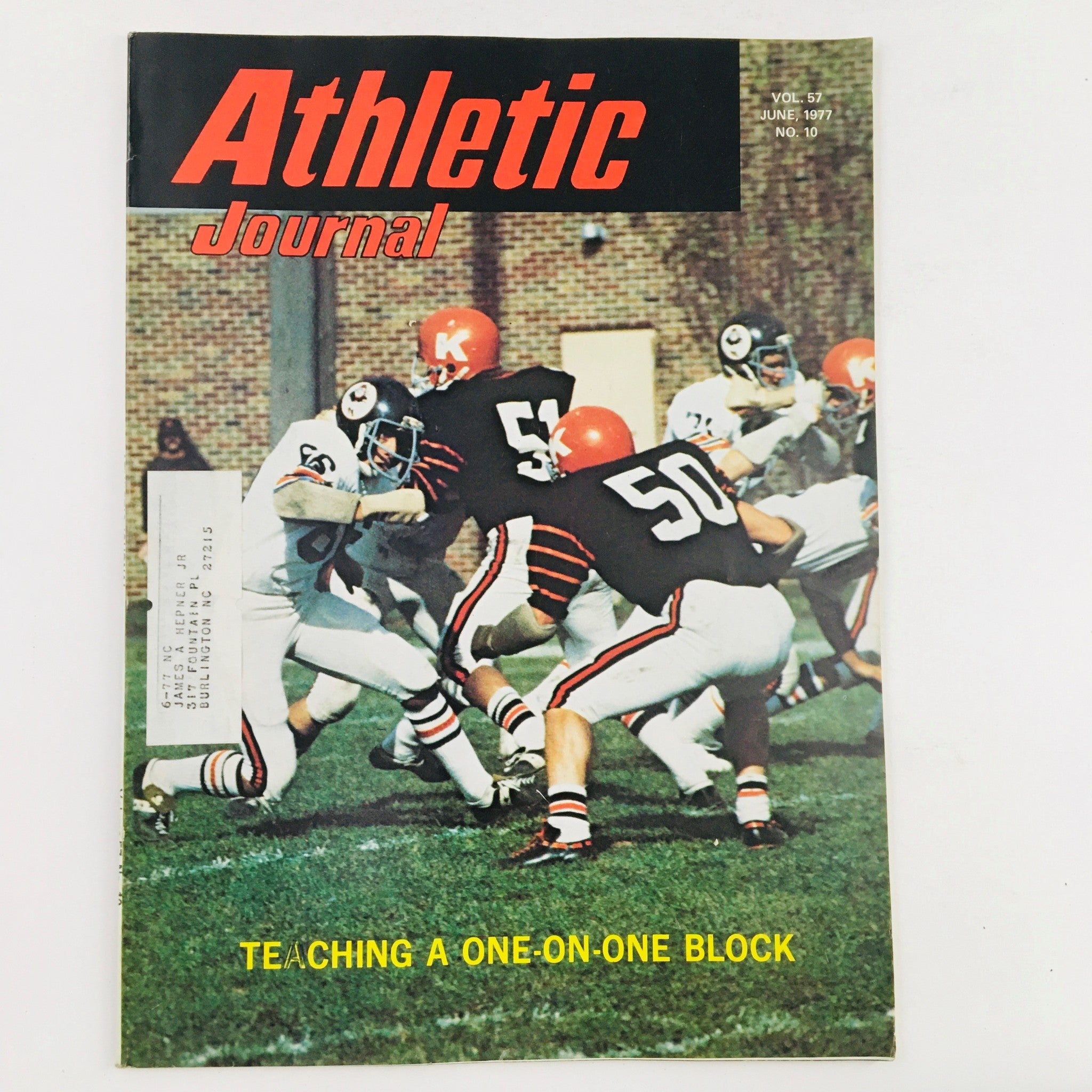 Cover of Athletic Journal Magazine June 1977 featuring an article titled 'Teaching A One-on-One Block' by George Kraft. The cover displays a football scene with players in action, showcasing the theme of athletic training.