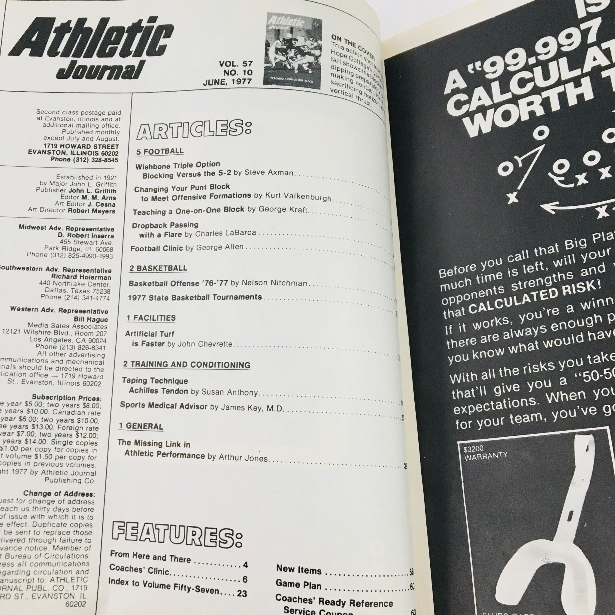 Inside page of Athletic Journal Magazine June 1977 listing articles, including 'Teaching a One-on-One Block' by George Kraft. This page provides an overview of various athletic topics and training methods featured in the magazine.