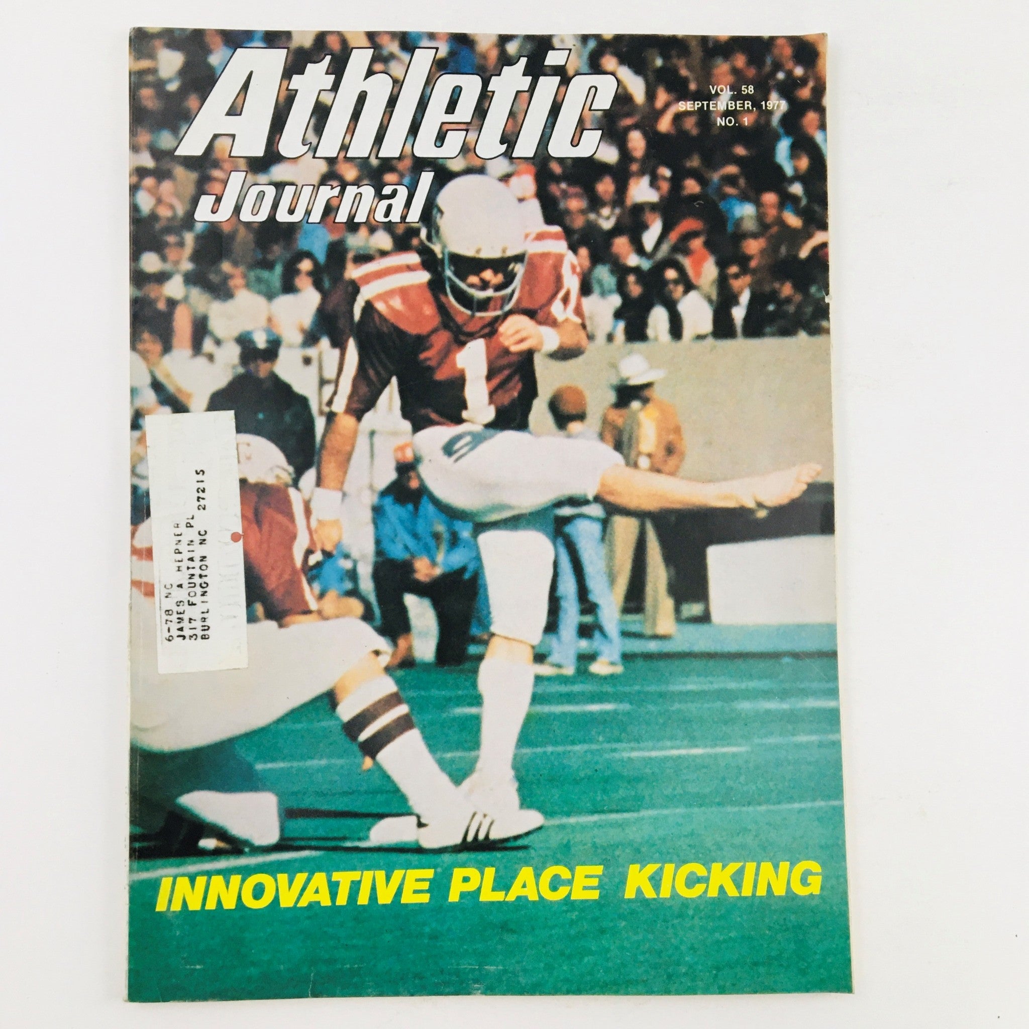 Cover of Athletic Journal Magazine September 1977 featuring innovative place kicking techniques, showcasing an athlete in action.