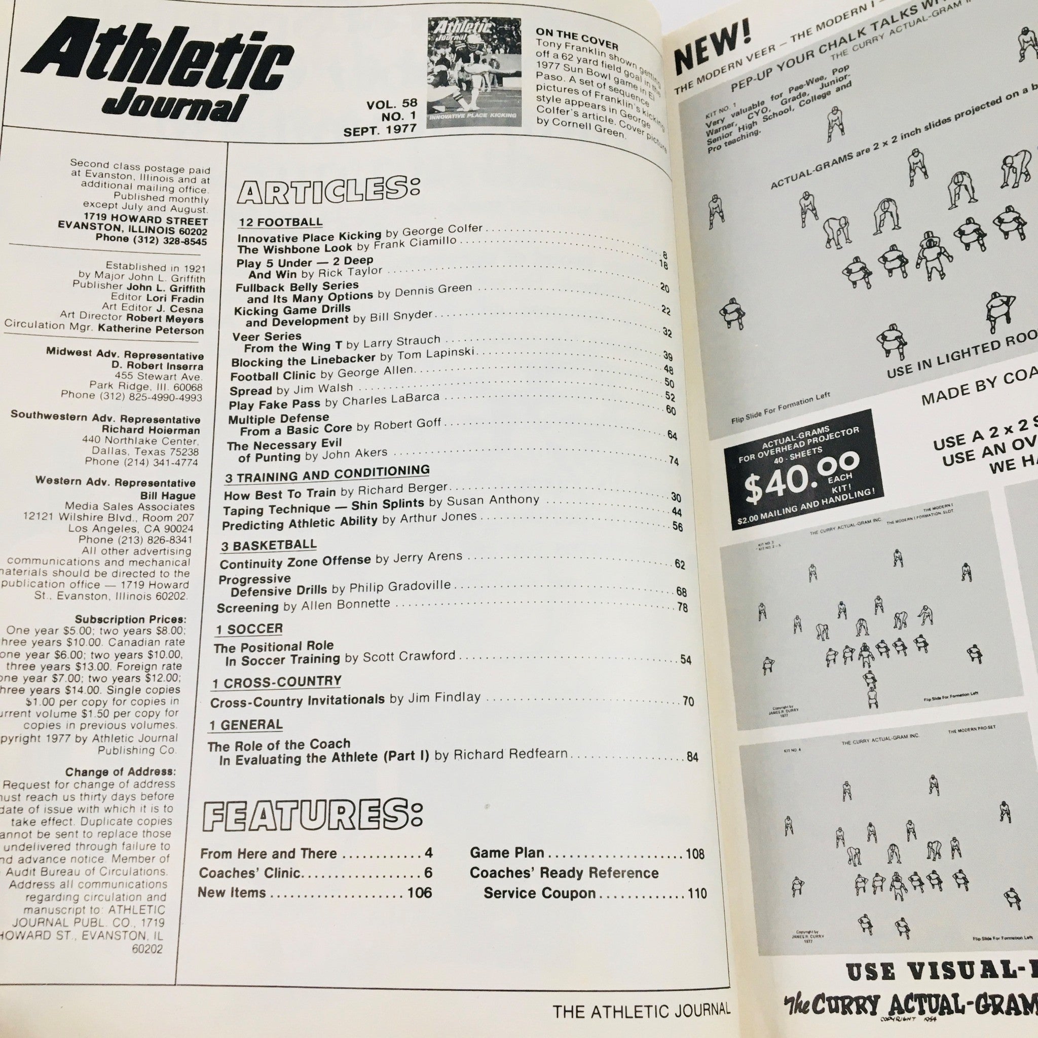 Interior page of Athletic Journal Magazine September 1977 displaying articles and contents, focusing on innovative place kicking and athletic strategies.