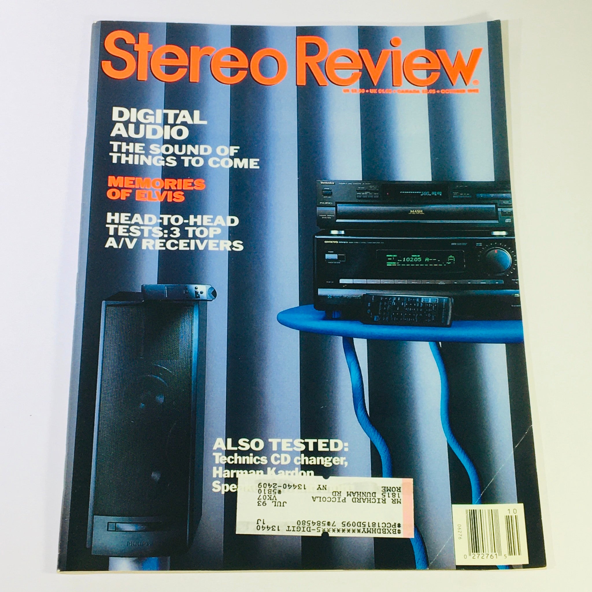 Cover of Stereo Review Magazine October 1992 showcasing the title 'Memories of Elvis Presley, King of Rock'. The magazine features headlines about digital audio, A/V receivers, and highlights Elvis's cultural impact.