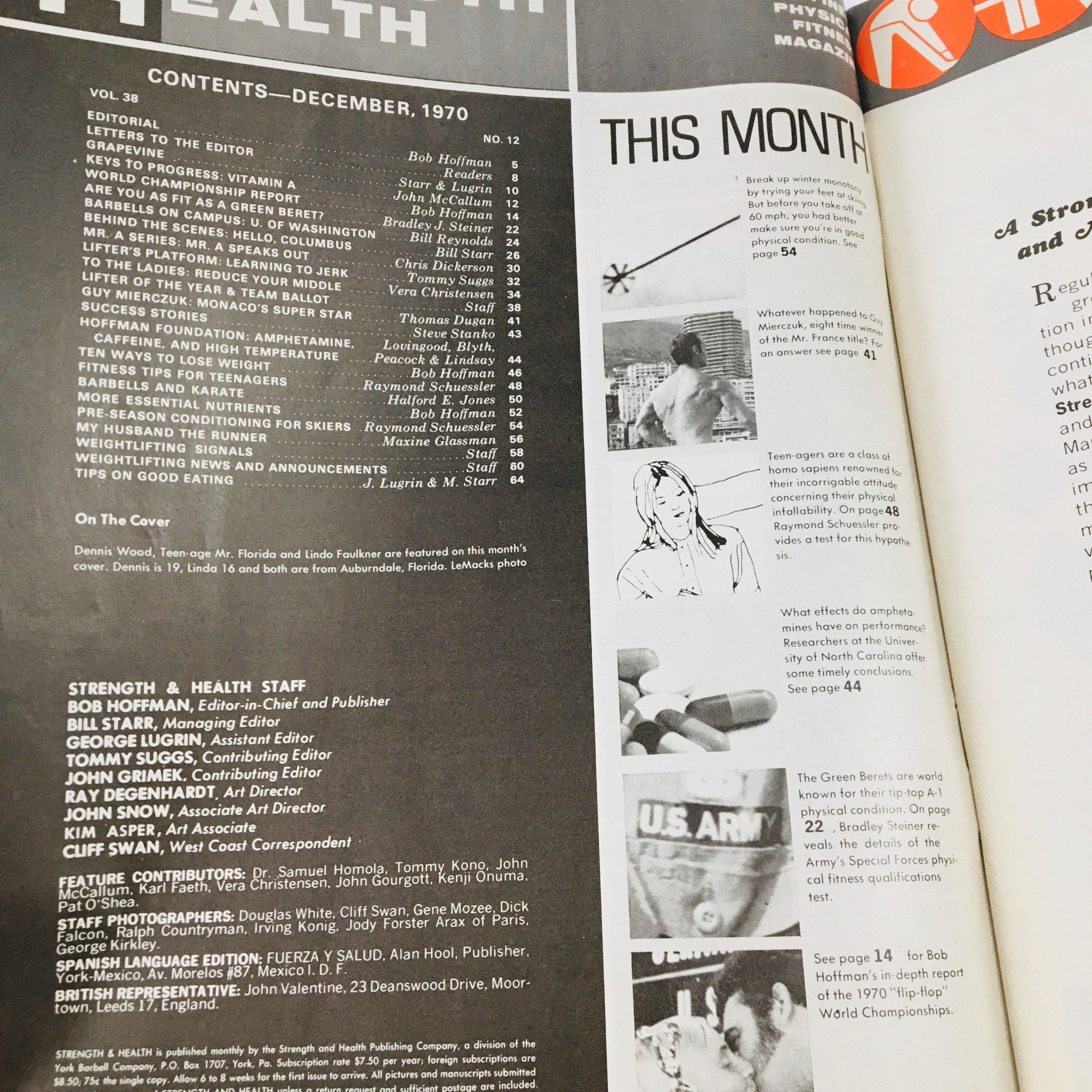Contents page of Strength & Health Magazine December 1970 featuring articles and topics related to fitness, health, and bodybuilding.
