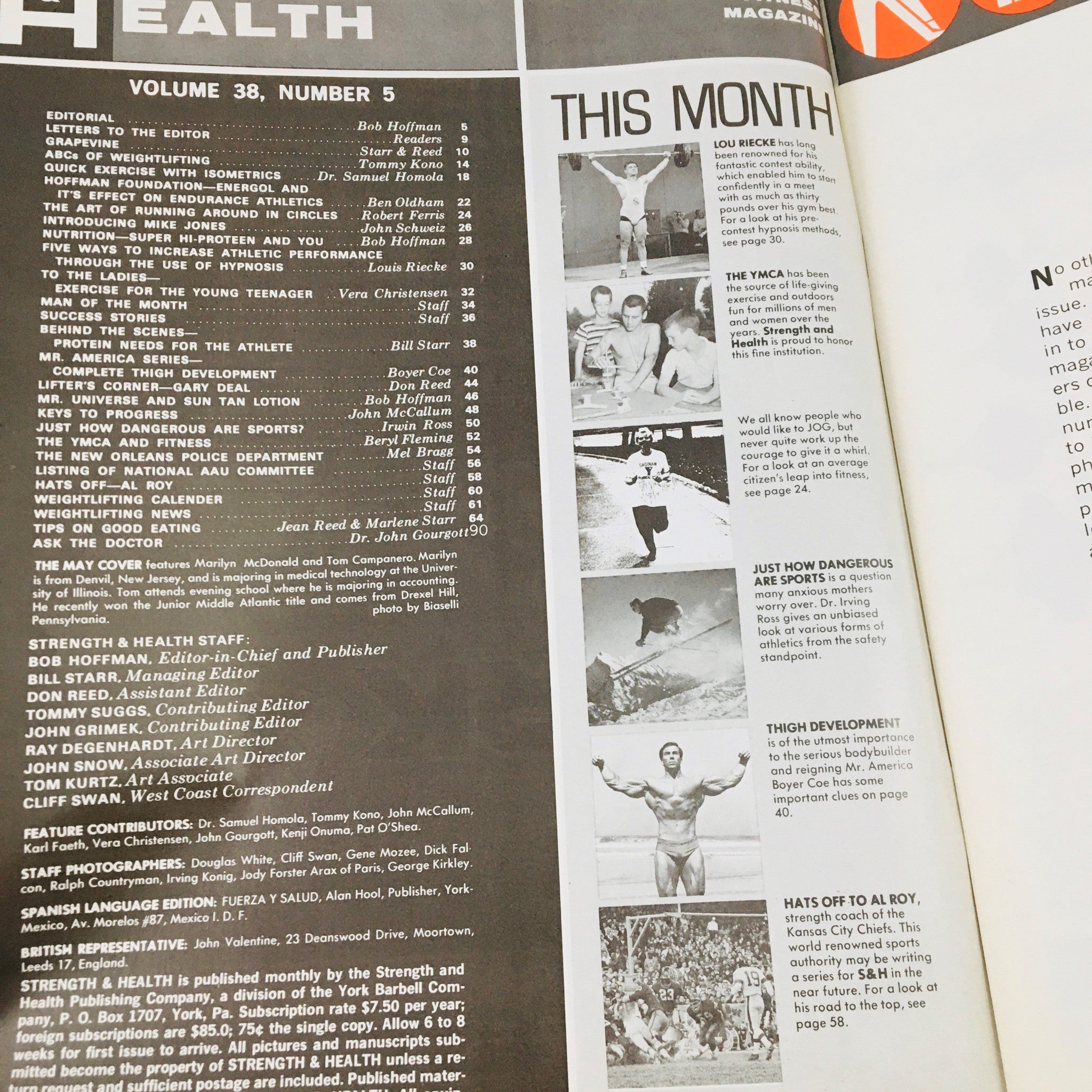 Strength & Health Magazine May 1970 interior page showcasing the table of contents and articles related to bodybuilding, fitness training, and health tips.