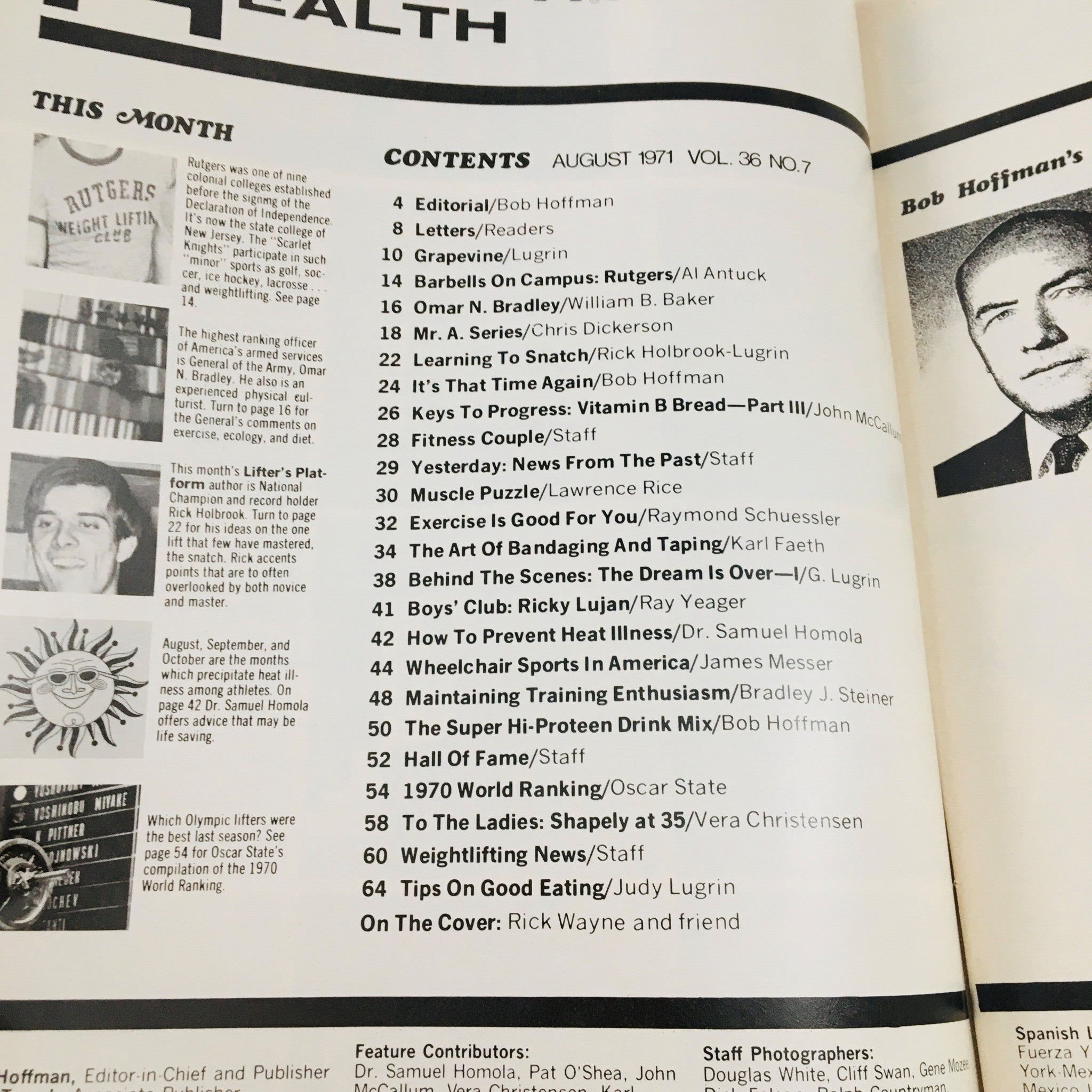 Contents page of Strength & Health Magazine, August 1971, highlighting articles including fitness, health advice, and features on General Omar N. Bradley.
