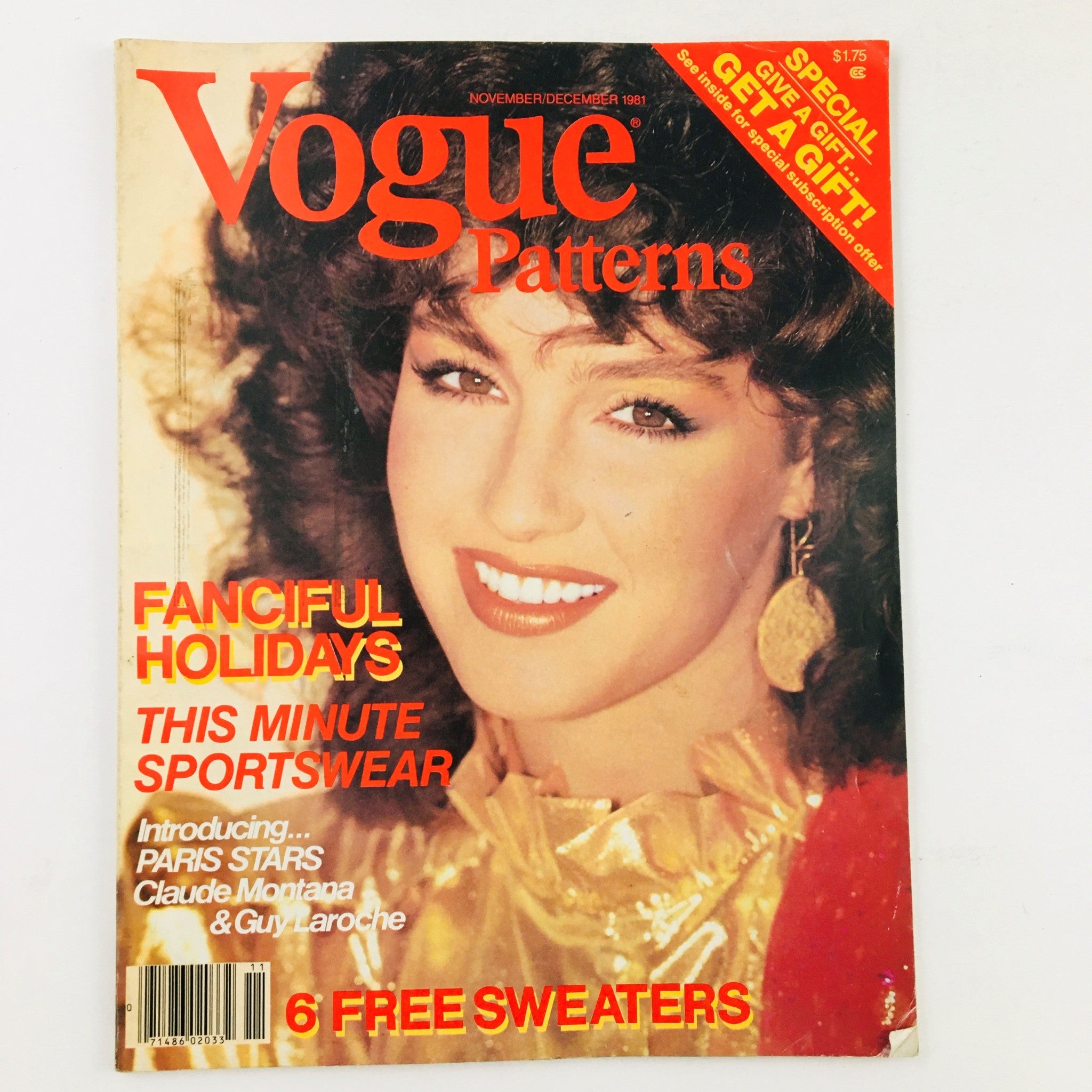 Vogue Patterns Magazine November 1981 Cover featuring a model with curly hair, showcasing fashion highlights from Claude Montana and Guy Laroche.