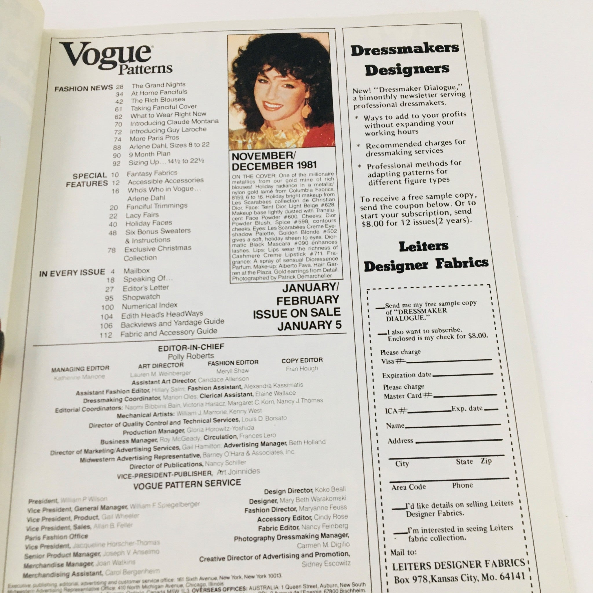 Inside page of Vogue Patterns Magazine November 1981 displaying the table of contents and details about featured designers Claude Montana and Guy Laroche.