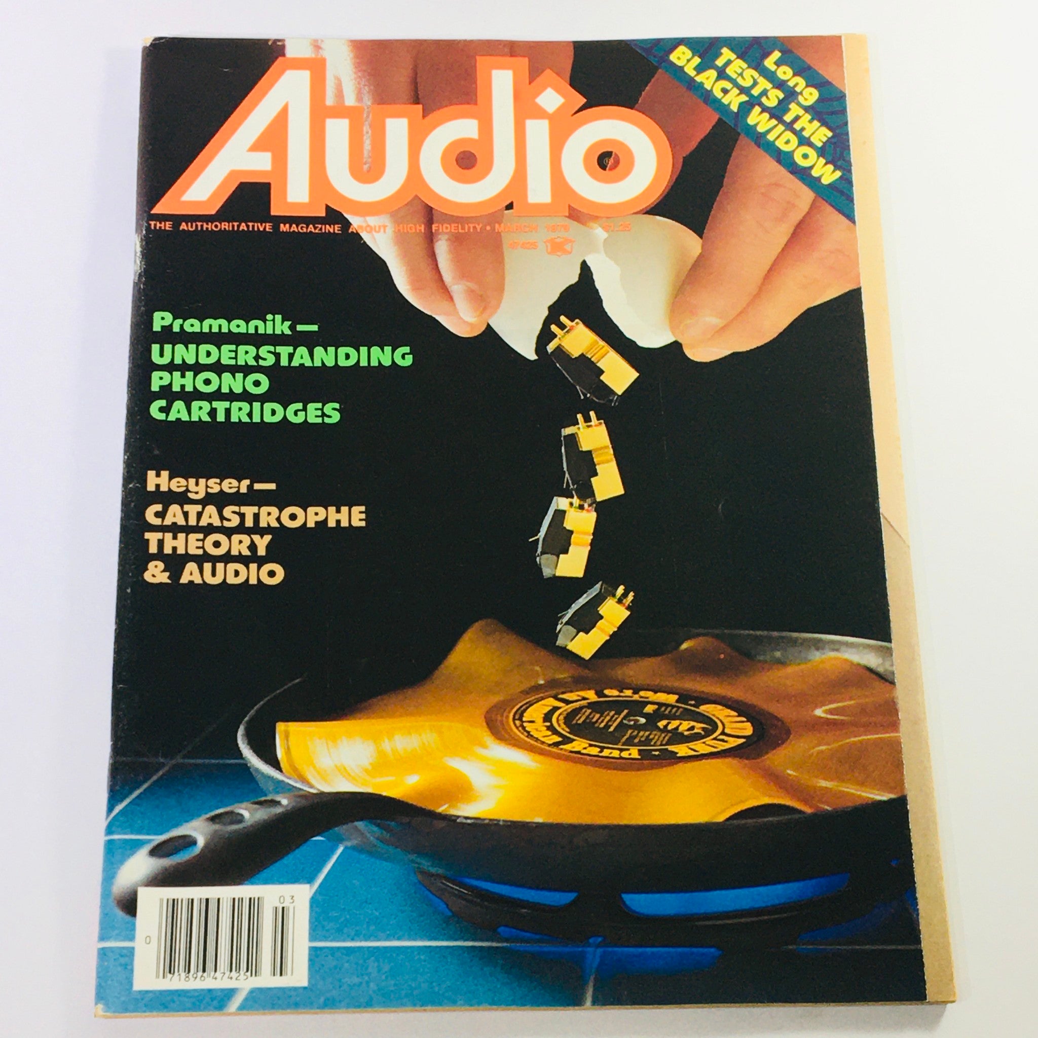 Vintage Audio Magazine March 1979 showcasing phono cartridges and catastrophe theory. Features an eye-catching cover with a yellow vinyl record in a pan and phono cartridge components.