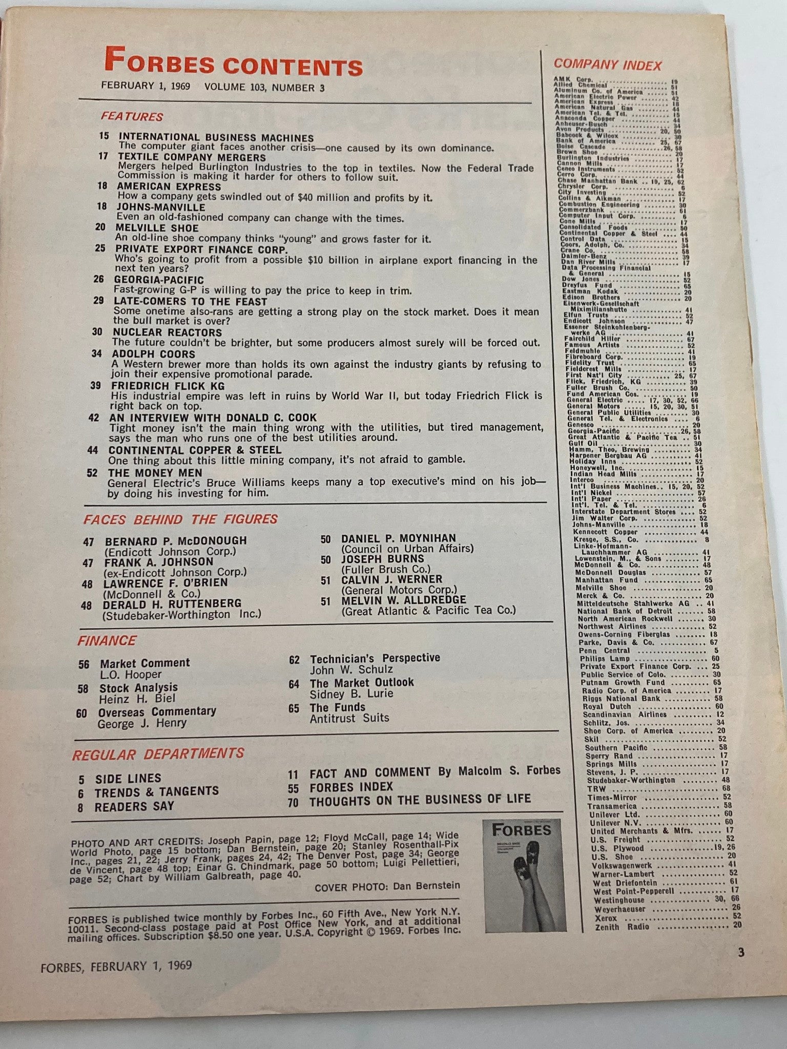 Contents page of VTG Forbes Magazine February 1, 1969, displaying features and articles including Melville Shoe and various business topics.