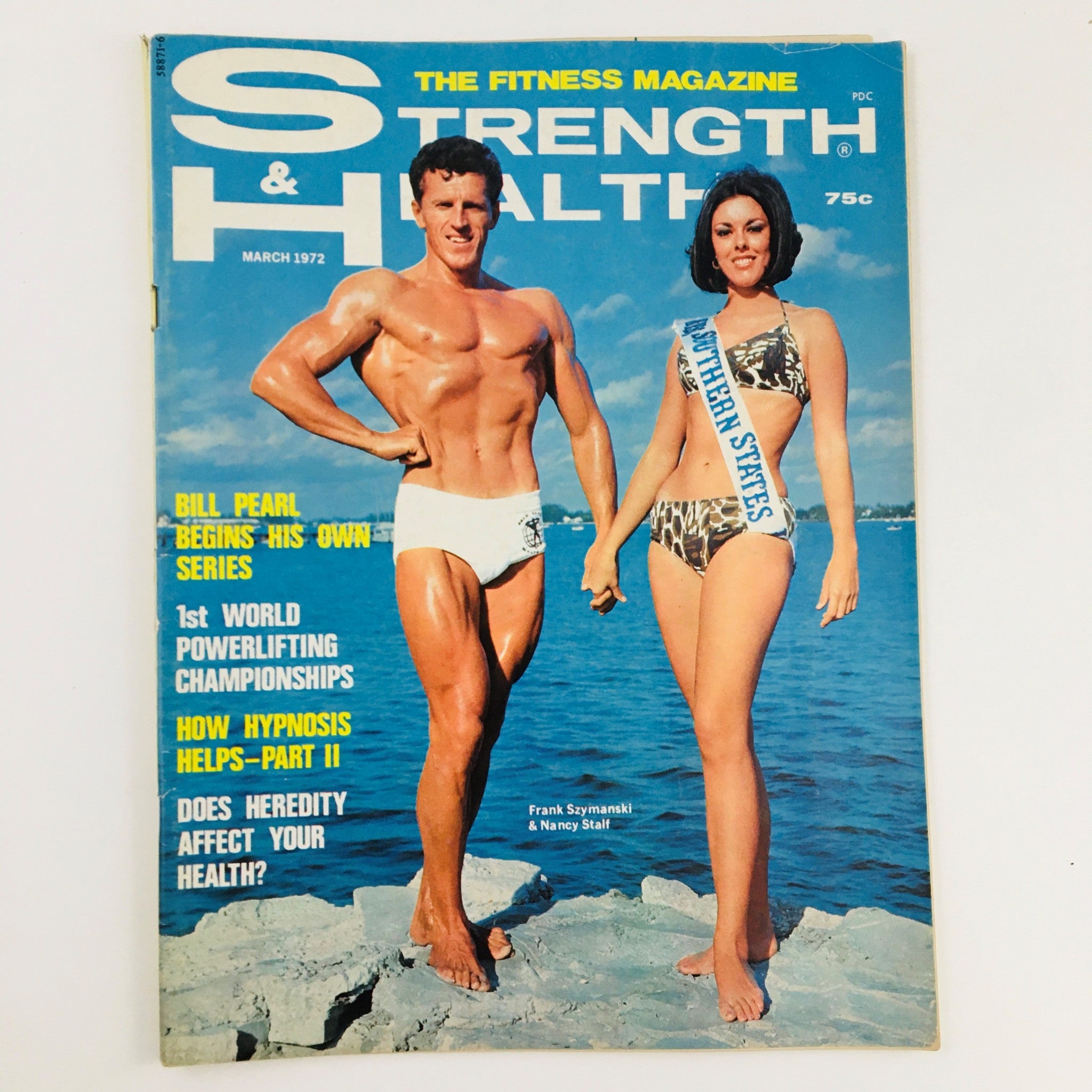 Cover of Strength & Health Magazine from March 1972 featuring bodybuilders Frank Szymanski and Nancy Stalf, showcasing fitness culture with articles on powerlifting and bodybuilding.