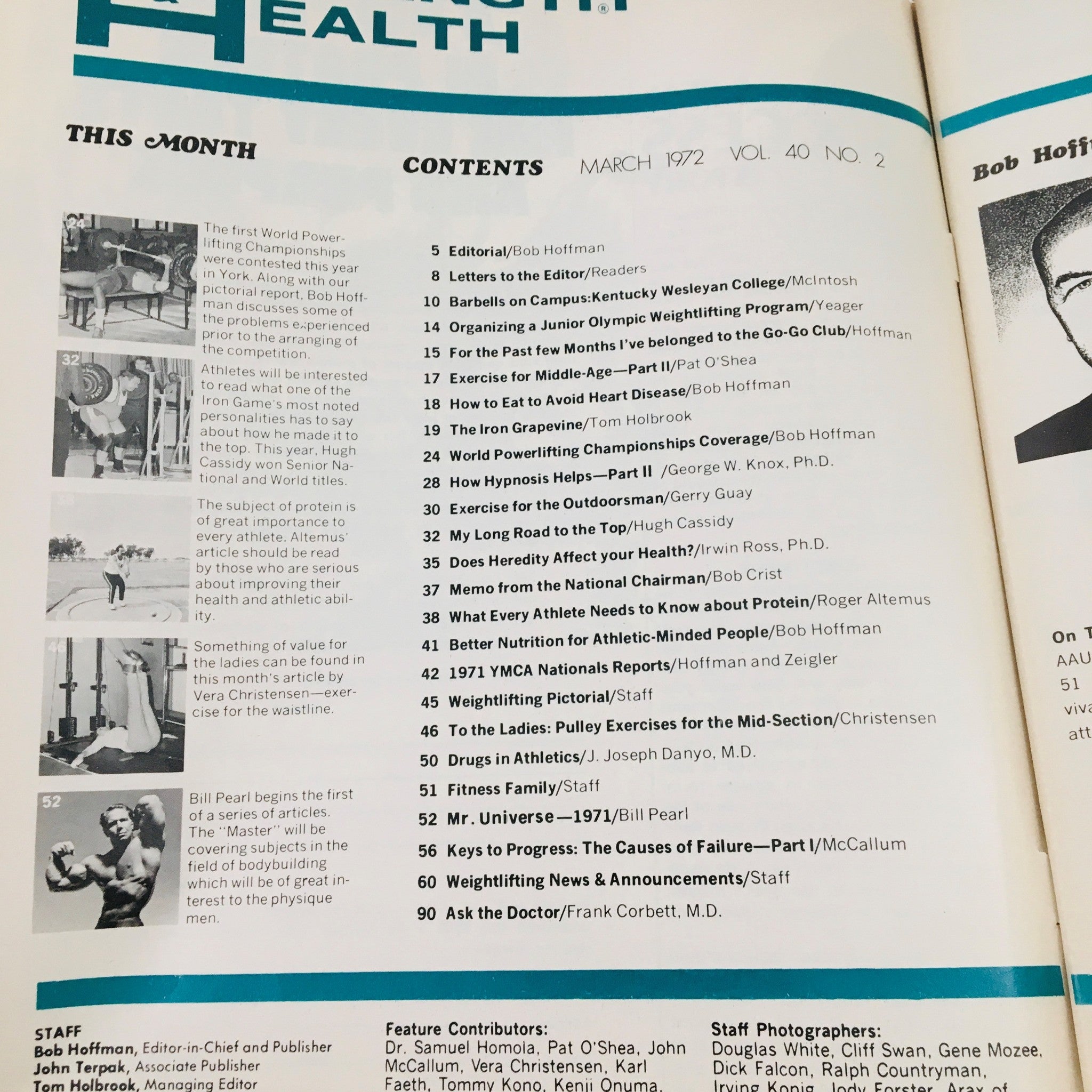 Strength & Health Magazine March 1972 table of contents featuring articles on powerlifting, bodybuilding, nutrition, and fitness tips from renowned contributors, showcasing insights into the fitness culture of the era.
