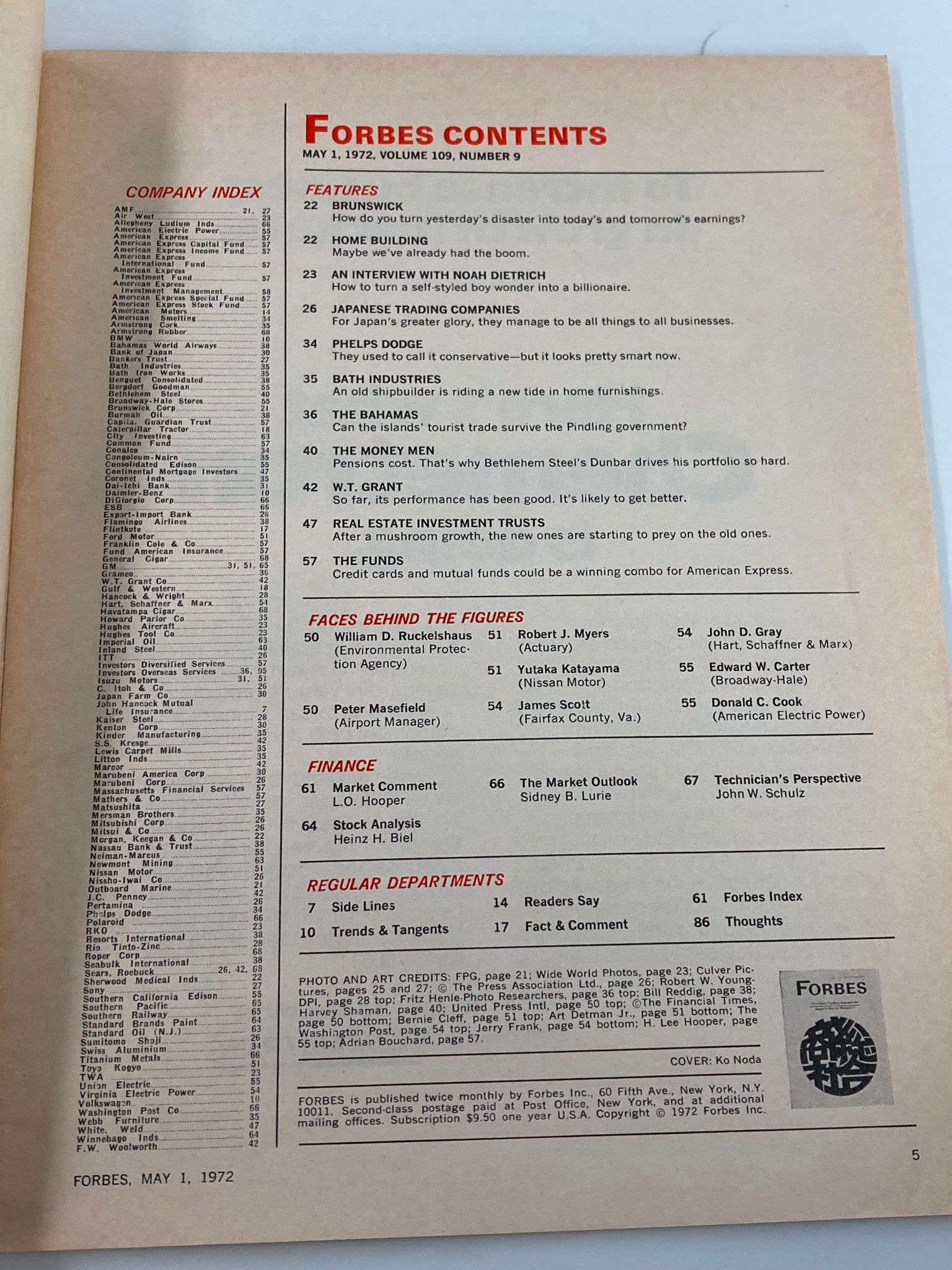 Contents page of the May 1, 1972 issue of Forbes Magazine, listing articles including 'Japanese Trading Companies' and various finance topics.