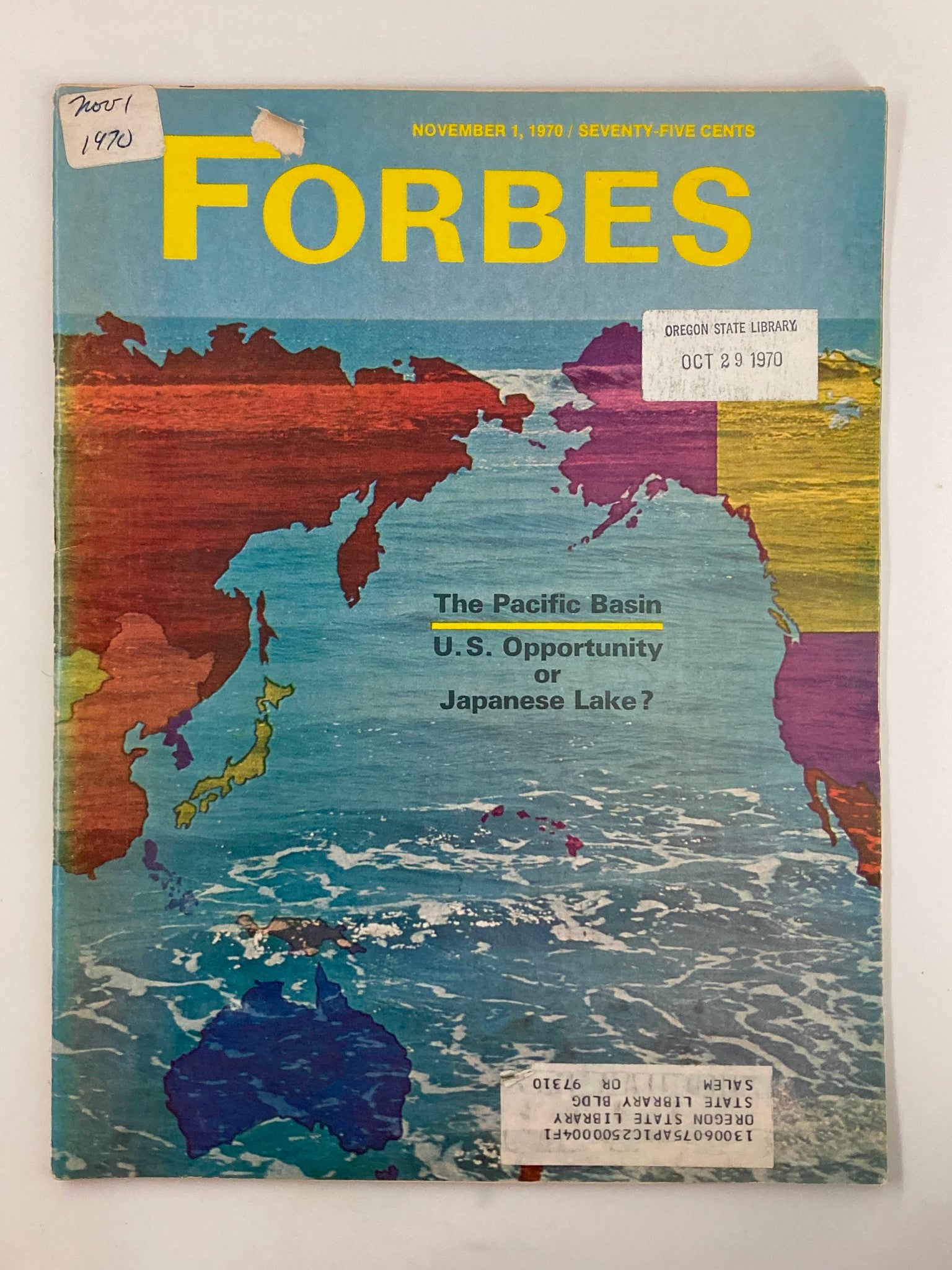 Cover of Forbes Magazine, November 1, 1970, featuring the title 'Forbes' with a colorful world map and the headline 'The Pacific Basin U.S. Opportunity or Japanese Lake?' showcasing a vintage design.
