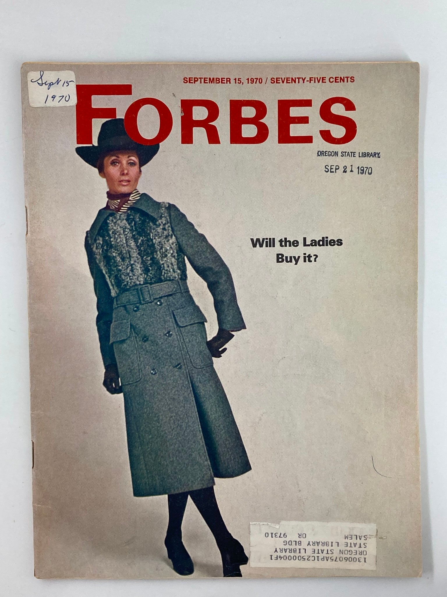 Vintage Forbes Magazine cover from September 15, 1970, featuring the title 'Will the Ladies Buy It?' with a model in a stylish coat and hat.