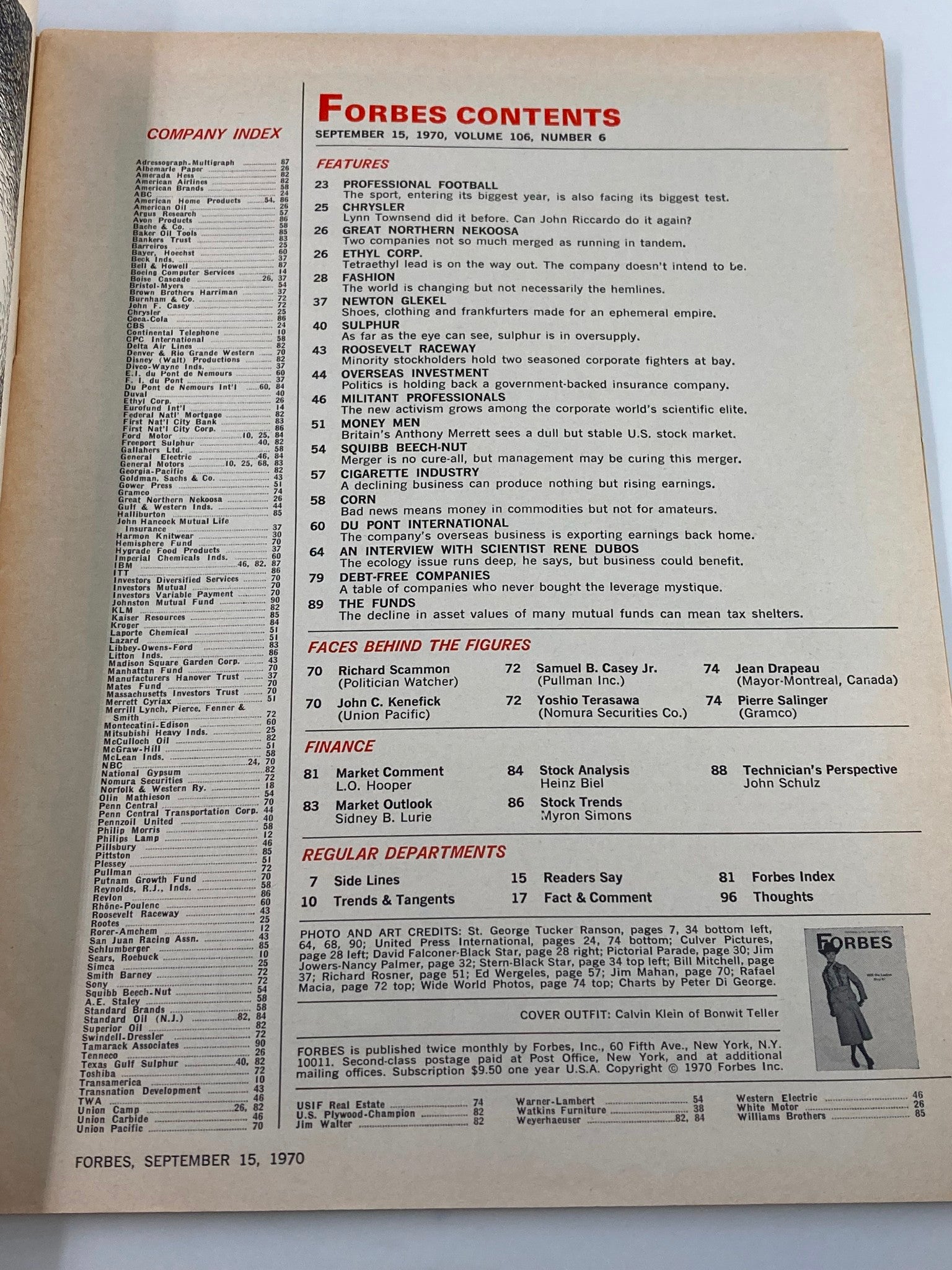 Contents page of the Vintage Forbes Magazine from September 15, 1970, listing articles, features, and contributors, including insights from Newton Glekel.