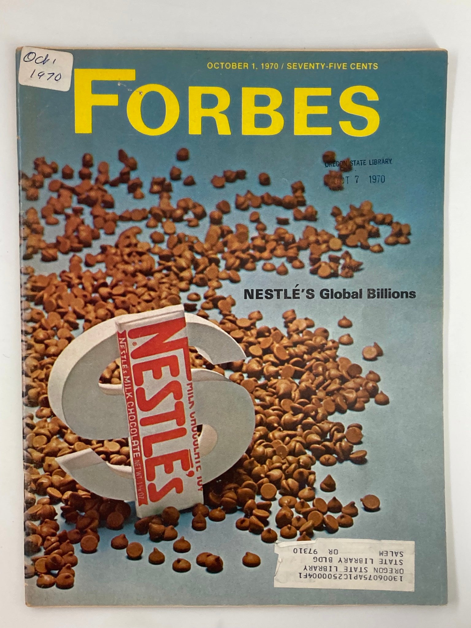 Cover of the vintage Forbes Magazine from October 1, 1970, featuring Nestle's Global Billions of Chocolates, with a graphic design showing chocolate chips and the Nestle logo prominently displayed.