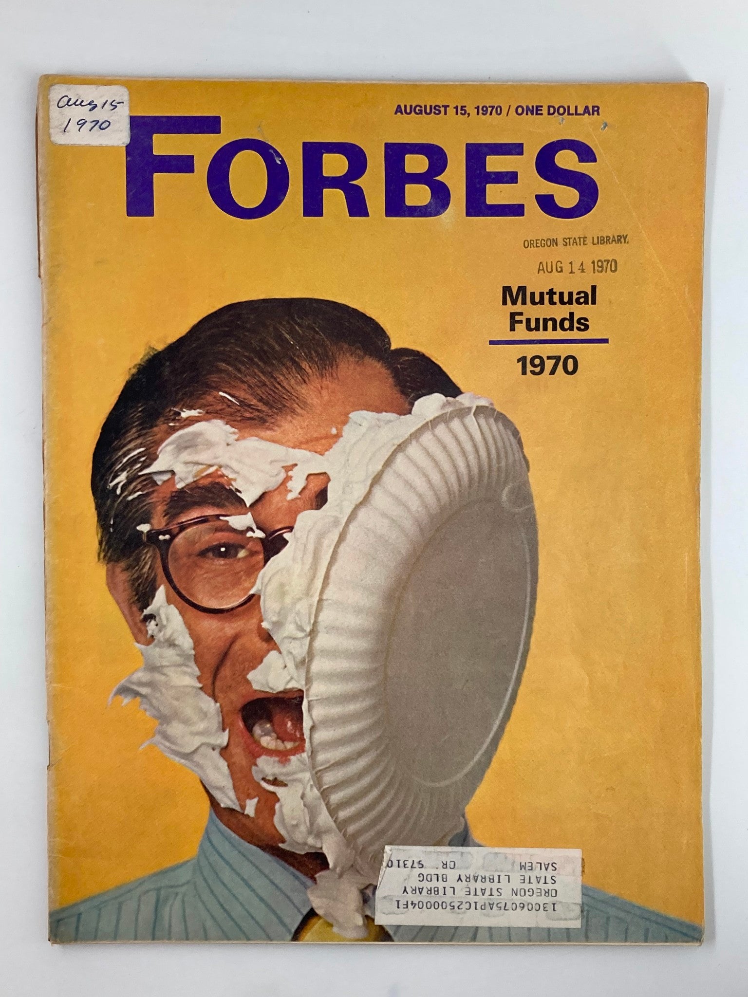 Forbes magazine cover, August 15, 1970, featuring a man with whipped cream on his face and a pie plate, highlighting the 15th Annual Mutual Fund Survey.