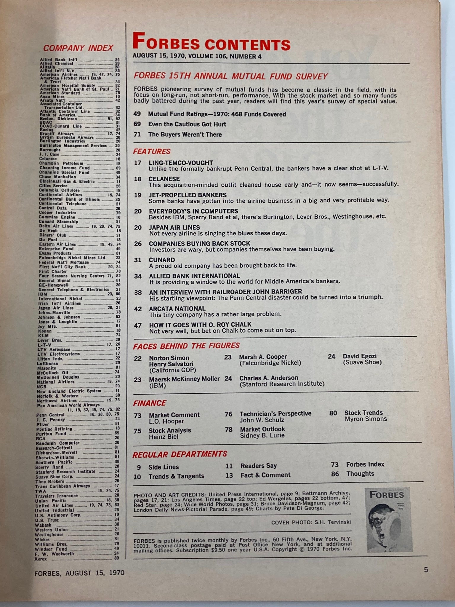 Contents page of VTG Forbes Magazine August 15, 1970, displaying the features and articles including the 15th Annual Mutual Fund Survey and various financial topics.