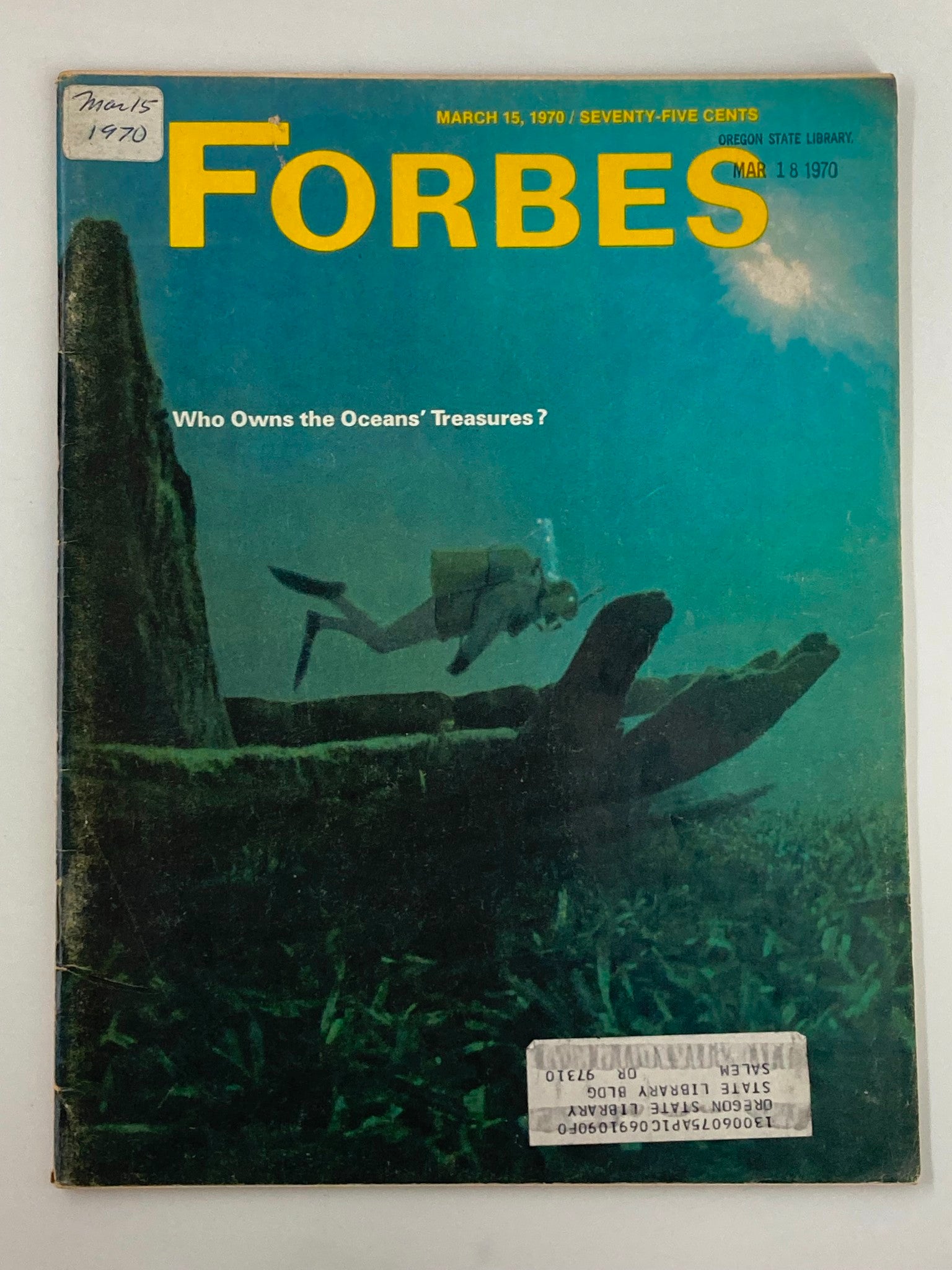 Cover of Forbes Magazine from March 15, 1970, featuring the title 'Who Owns The Oceans' Treasures?' with an underwater scene showing a diver and a submerged structure.