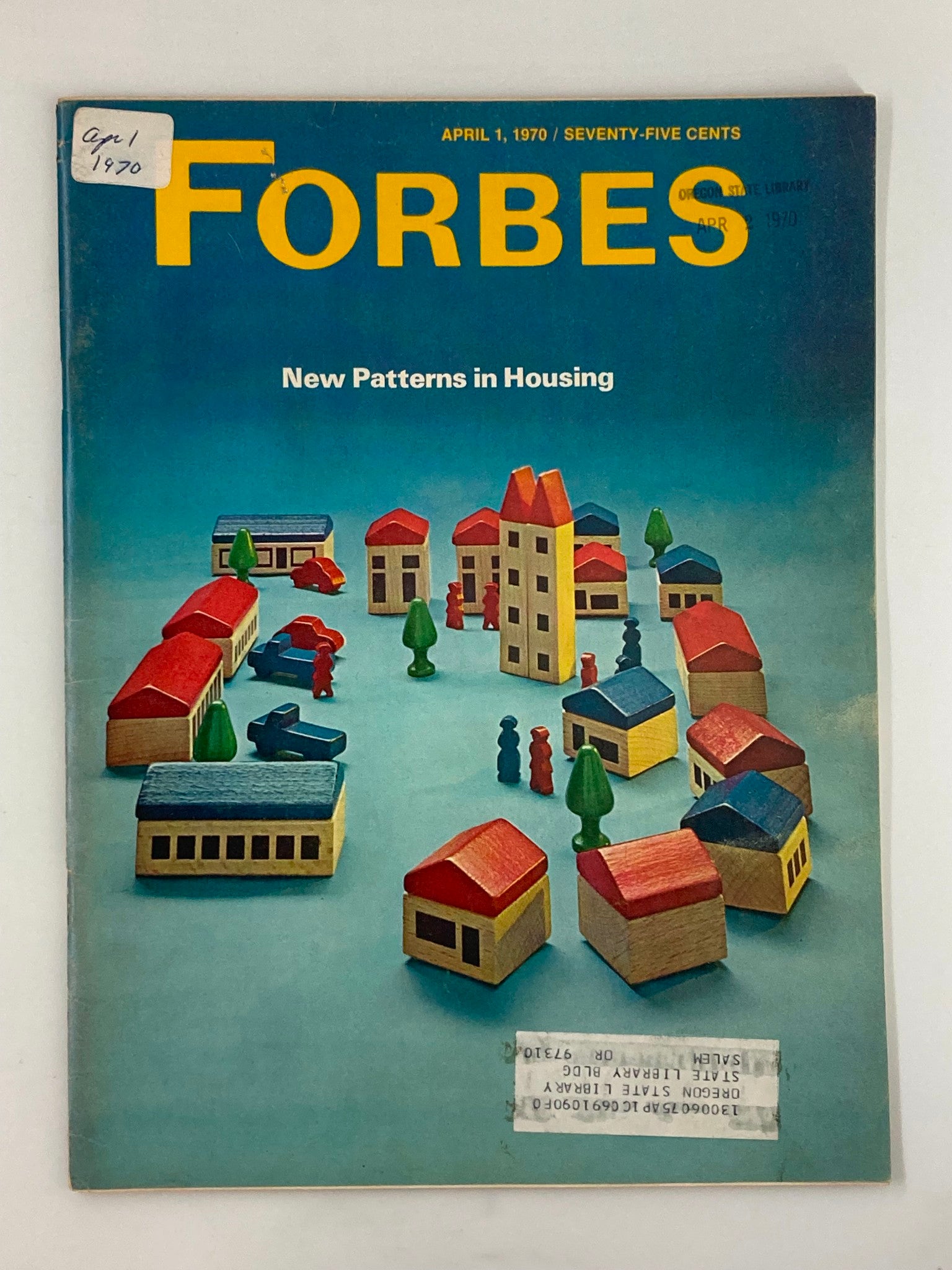 VTG Forbes Magazine April 1 1970 Cover showcasing 'New Patterns in Housing' with colorful illustrations of houses and people.