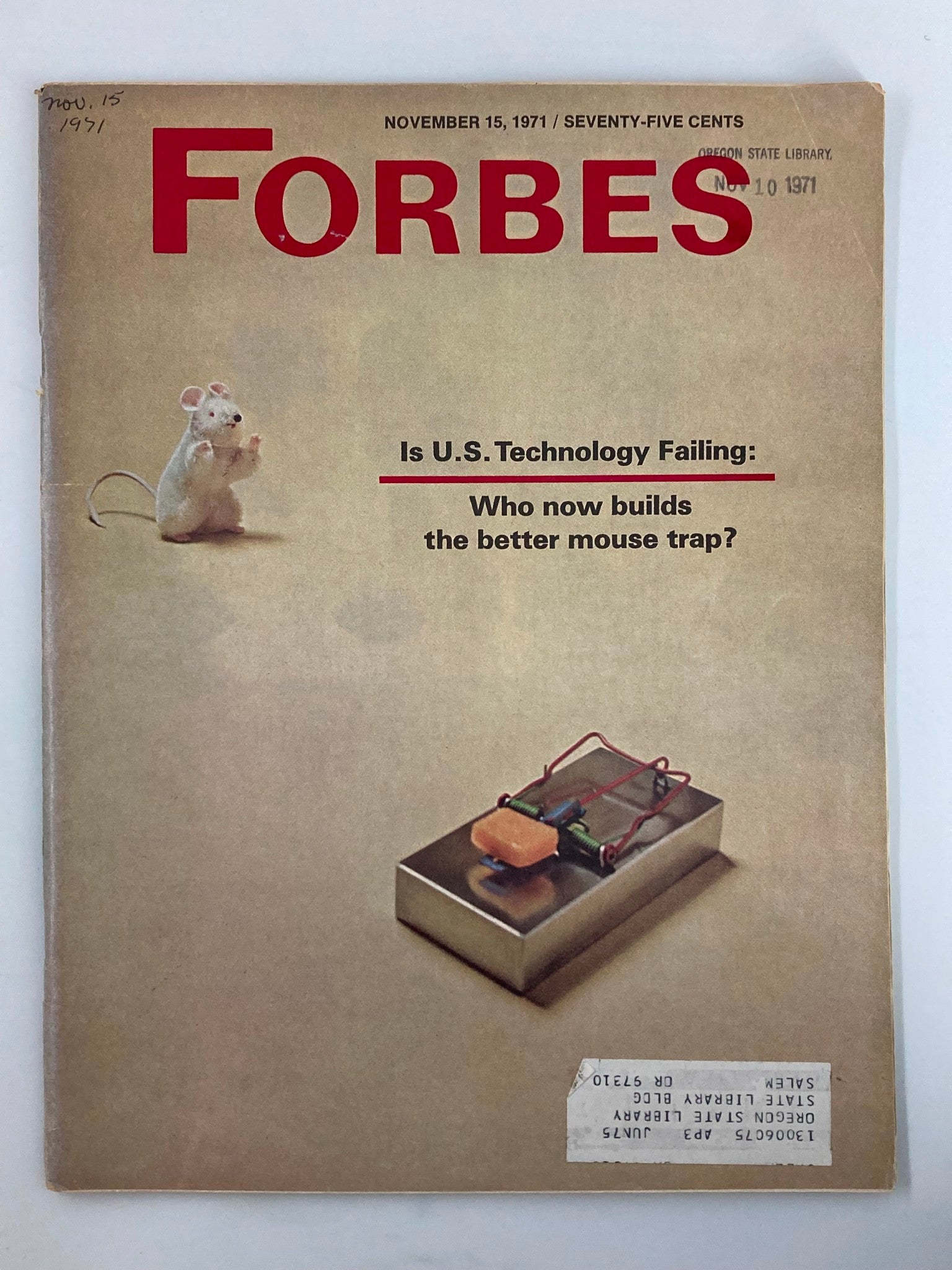 VTG Forbes Magazine November 15 1971 cover featuring a mouse and a mouse trap, discussing U.S. technology failures.