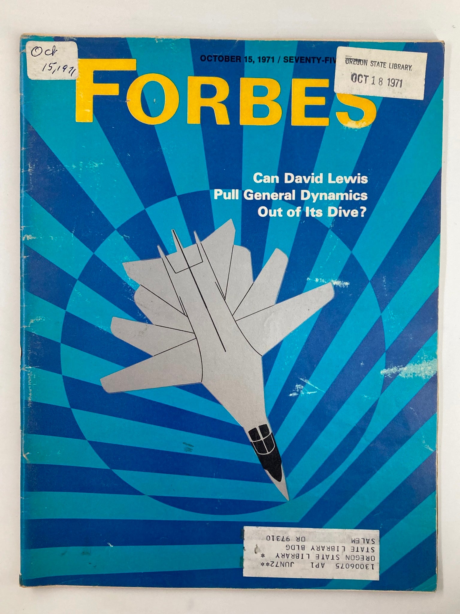 Cover of Forbes Magazine, October 15, 1971, featuring the cover story 'Can David Lewis Pull General Dynamics Out of Its Dive?' The magazine has a blue and yellow design with an illustration of an aircraft, reflecting the economic topics of the early 1970s.