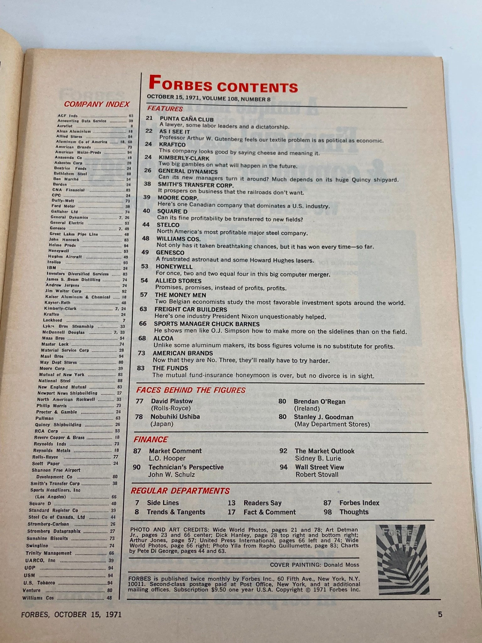 Forbes Magazine contents page from October 15, 1971 issue titled 'Can David Lewis Pull General Dynamics?' highlighting company index and featured articles for the issue.