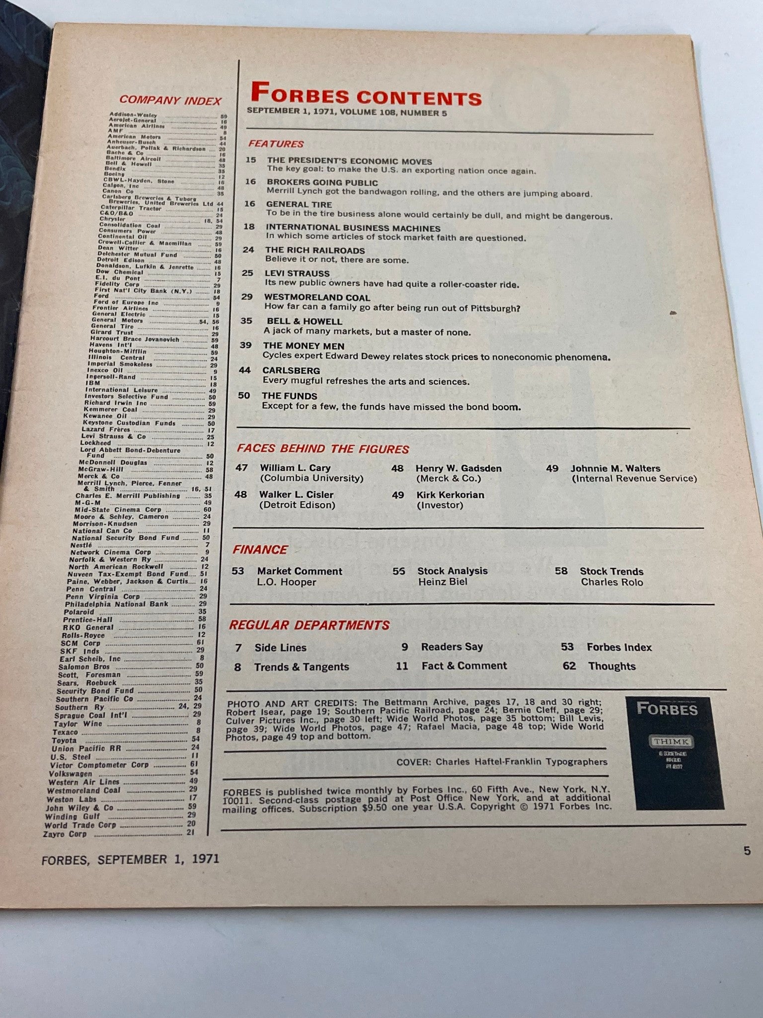 Table of contents page from VTG Forbes Magazine September 1 1971, highlighting various articles and features, including business insights and financial trends.
