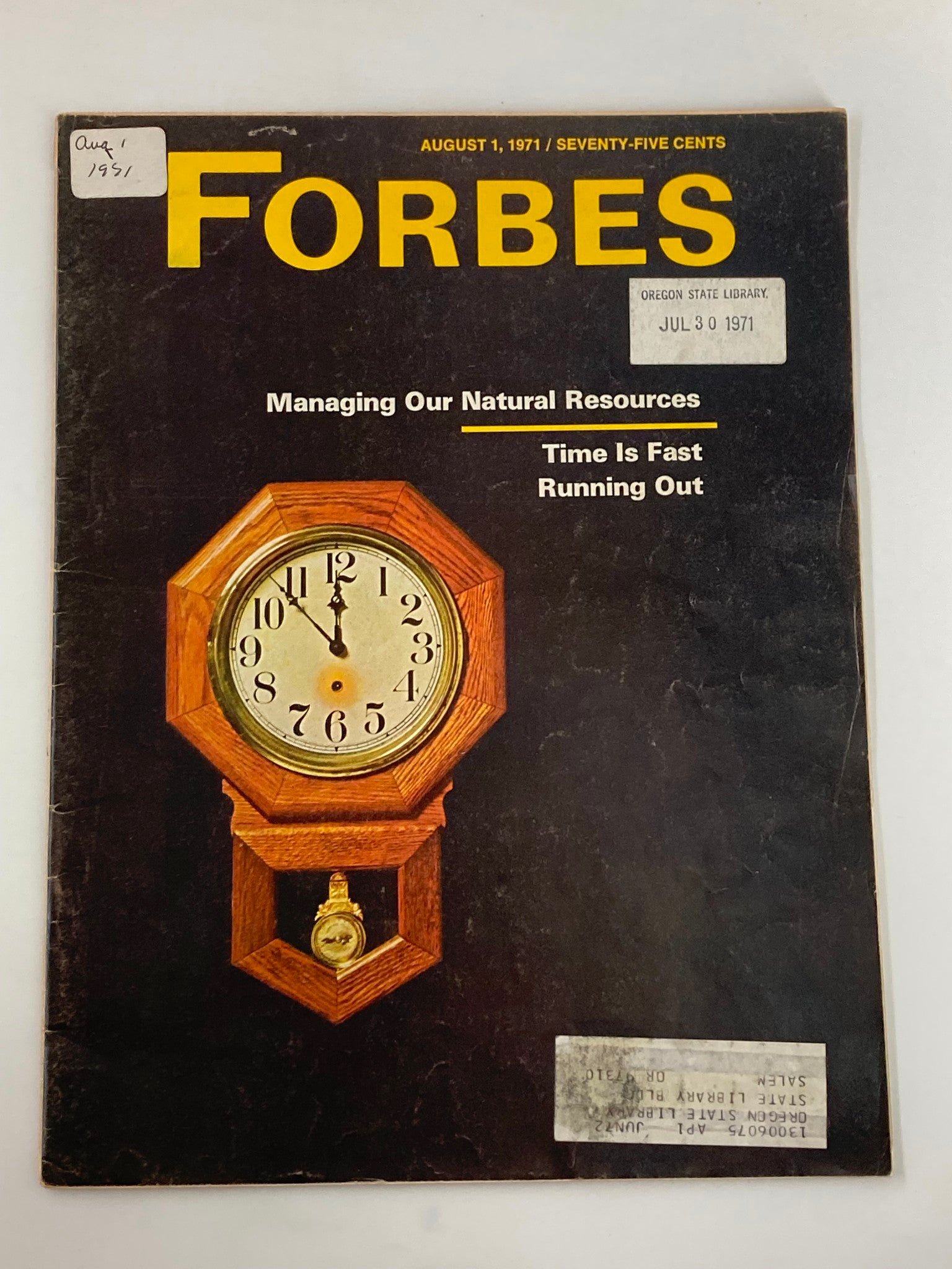 Vintage Forbes Magazine cover from August 1, 1971 featuring the title 'Managing Our Natural Resources: Time is Fast Running Out', showcasing a classic clock design.