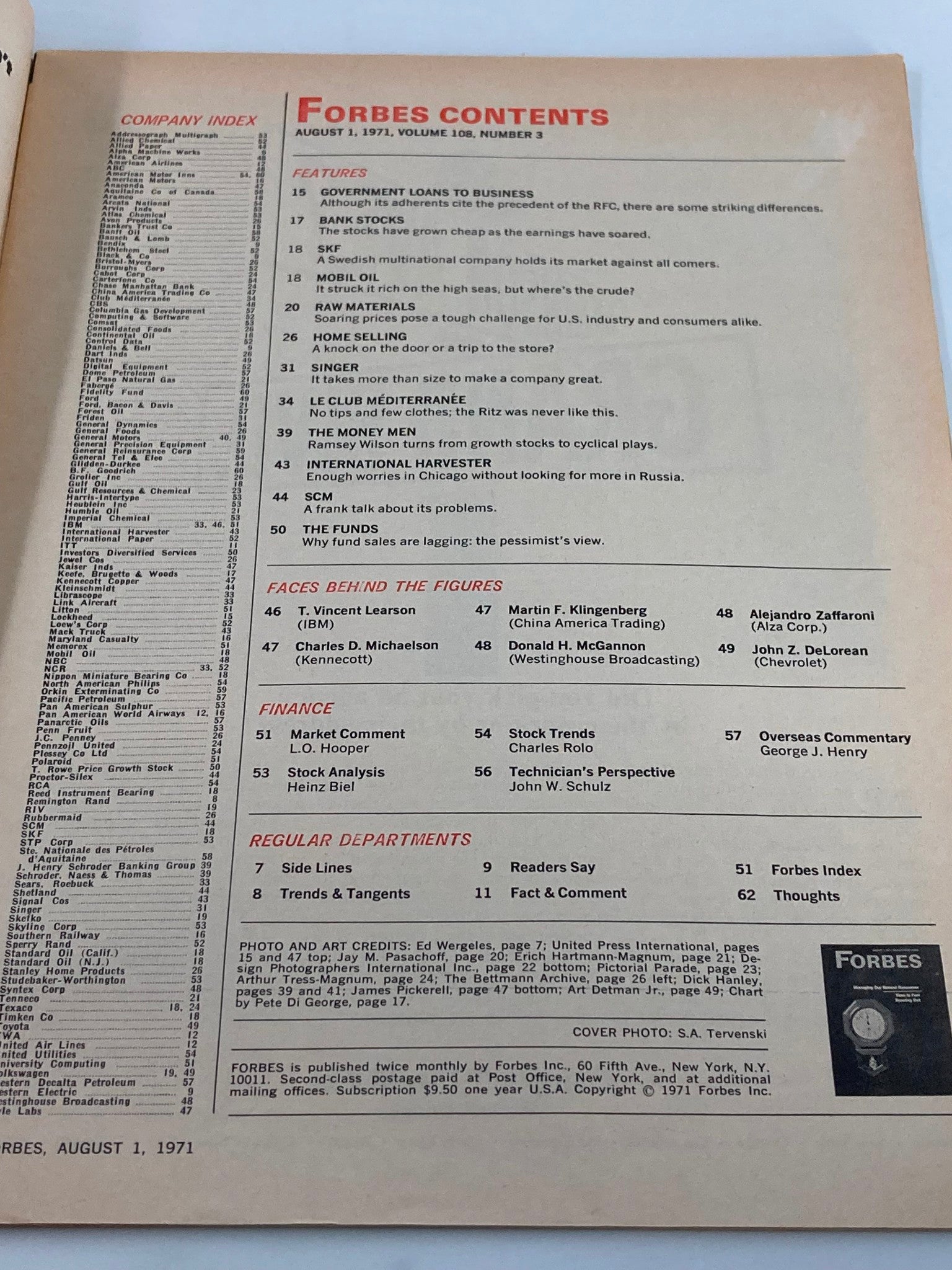 Contents page of the Vintage Forbes Magazine from August 1, 1971, outlining featured articles and sections including government loans to business and market comment.