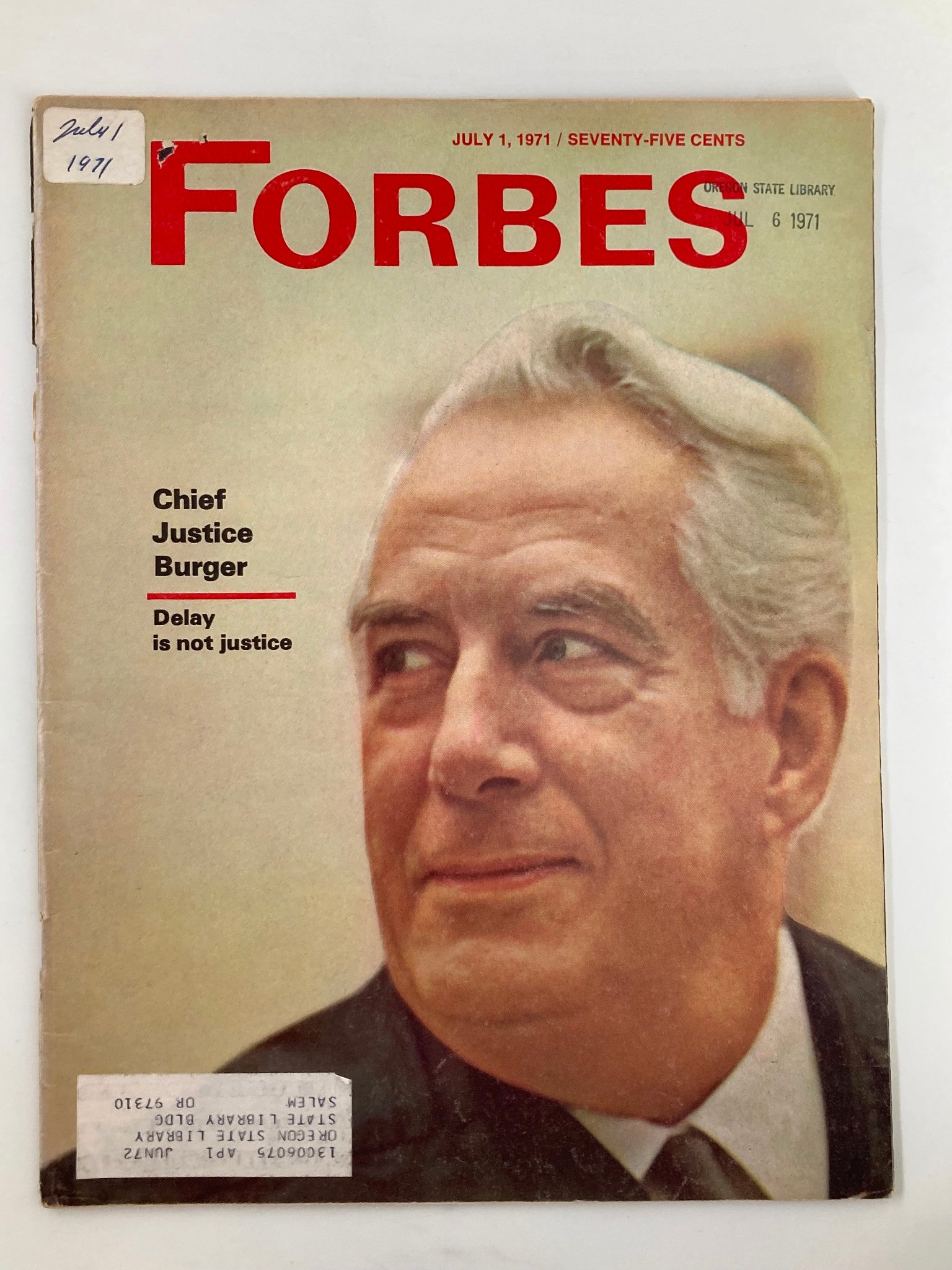 Cover of Forbes Magazine from July 1, 1971 featuring Chief Justice Burger with the headline 'Delay is not justice.' A vintage collectible reflecting significant legal discussions of the era.