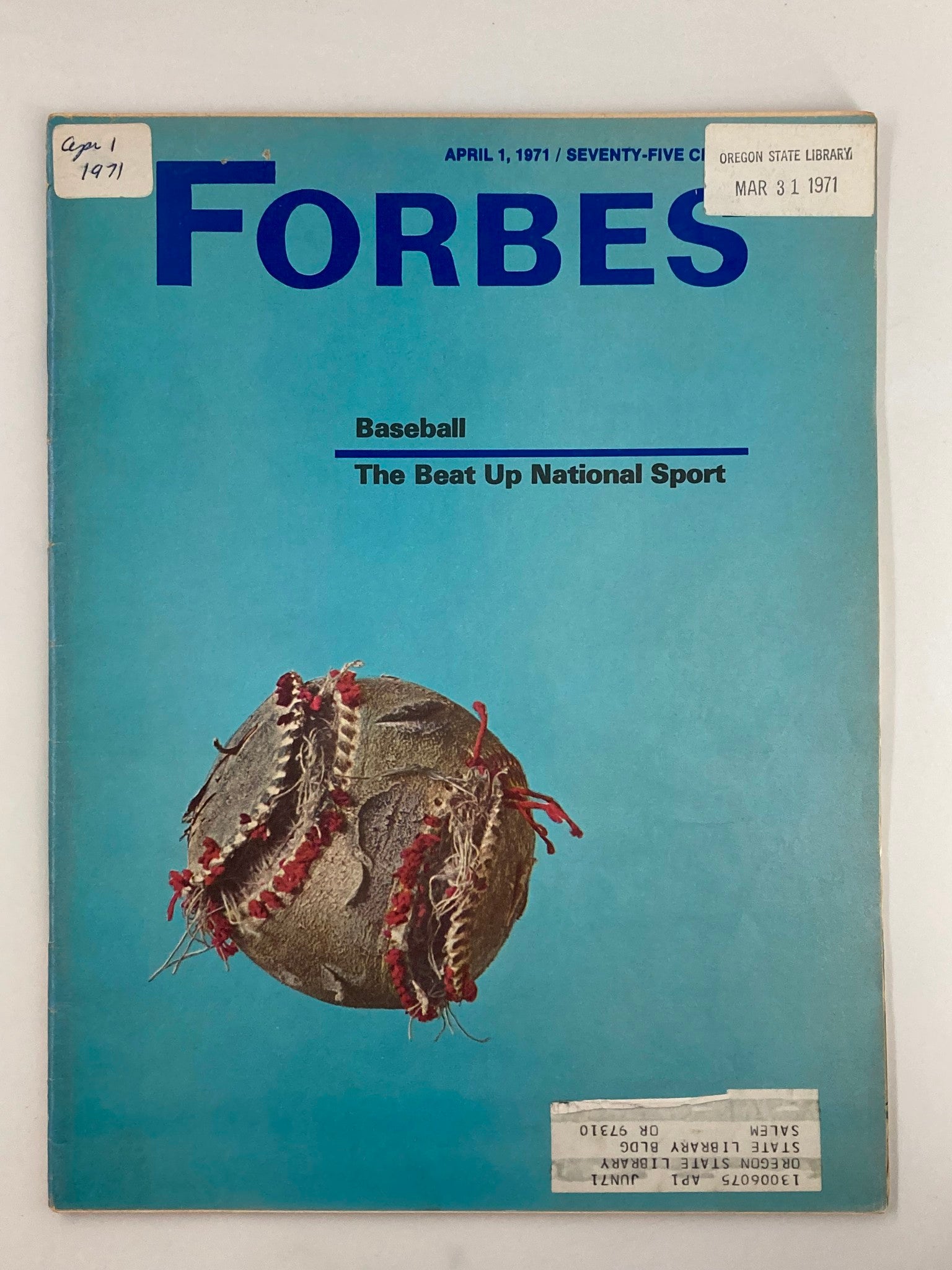 Cover of VTG Forbes Magazine from April 1, 1971, featuring an artistic representation of a baseball, titled 'Baseball: The Beat Up National Sport'.