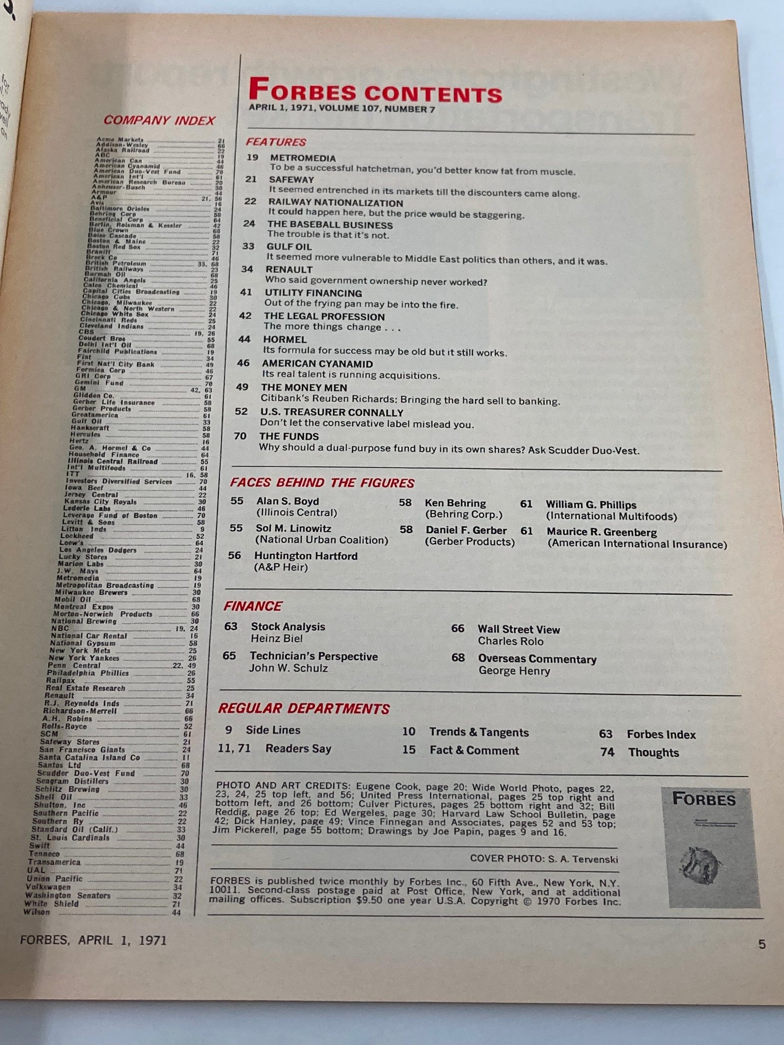 Contents page of VTG Forbes Magazine, April 1, 1971, listing features and departments including analysis of the baseball business.