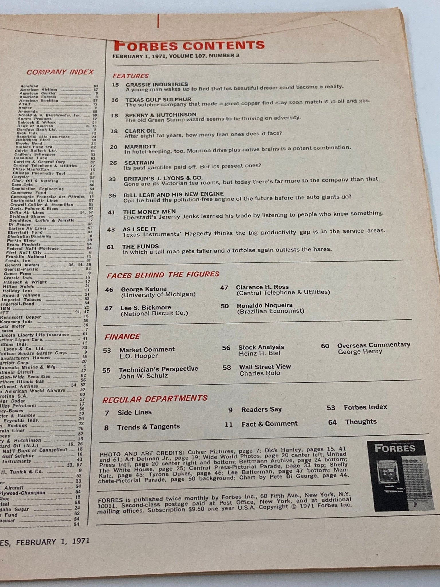 Contents page of Forbes Magazine February 1, 1971, listing various articles including features on Marriott and other businesses, reflecting the economic landscape of the early 1970s.